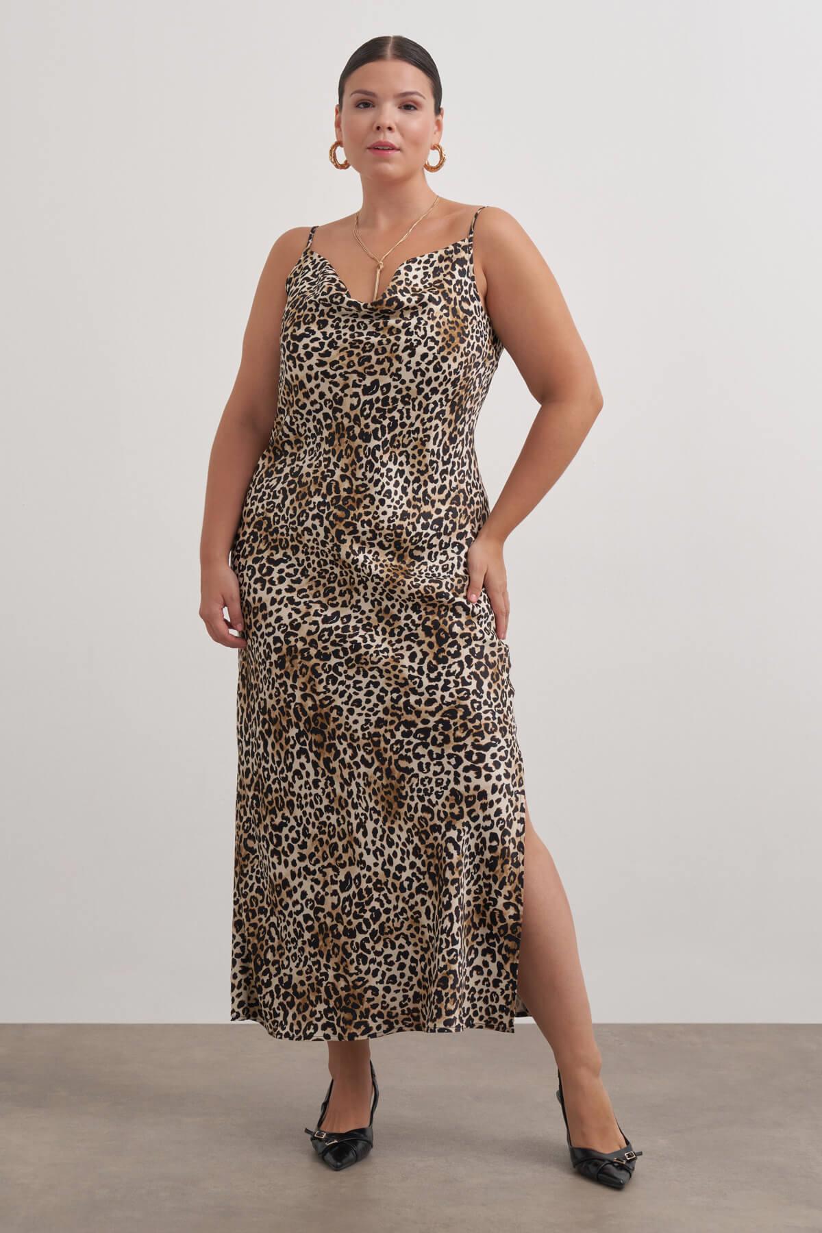 Myline-Degaje Yaka Leopar Elbise-Büyük Beden Elbise-149550