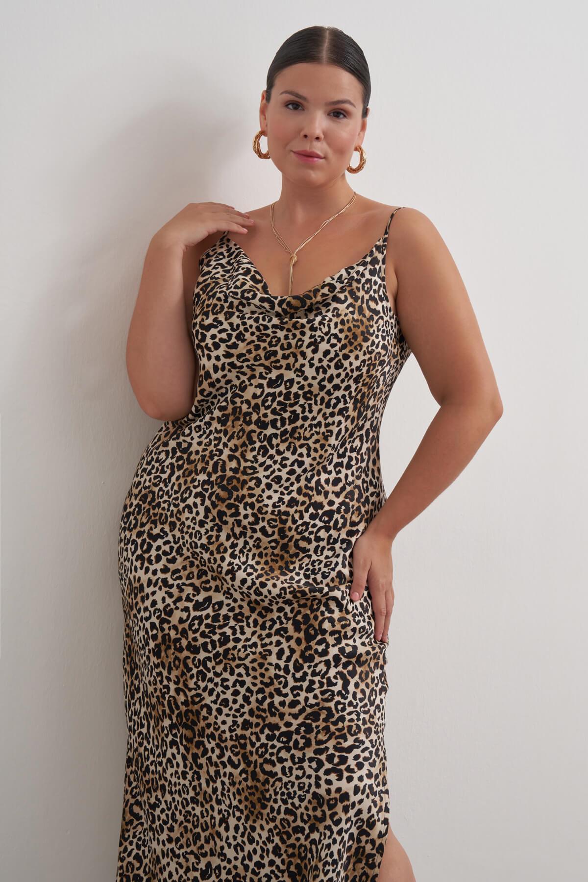 Myline-Degaje Yaka Leopar Elbise-Büyük Beden Elbise-149550