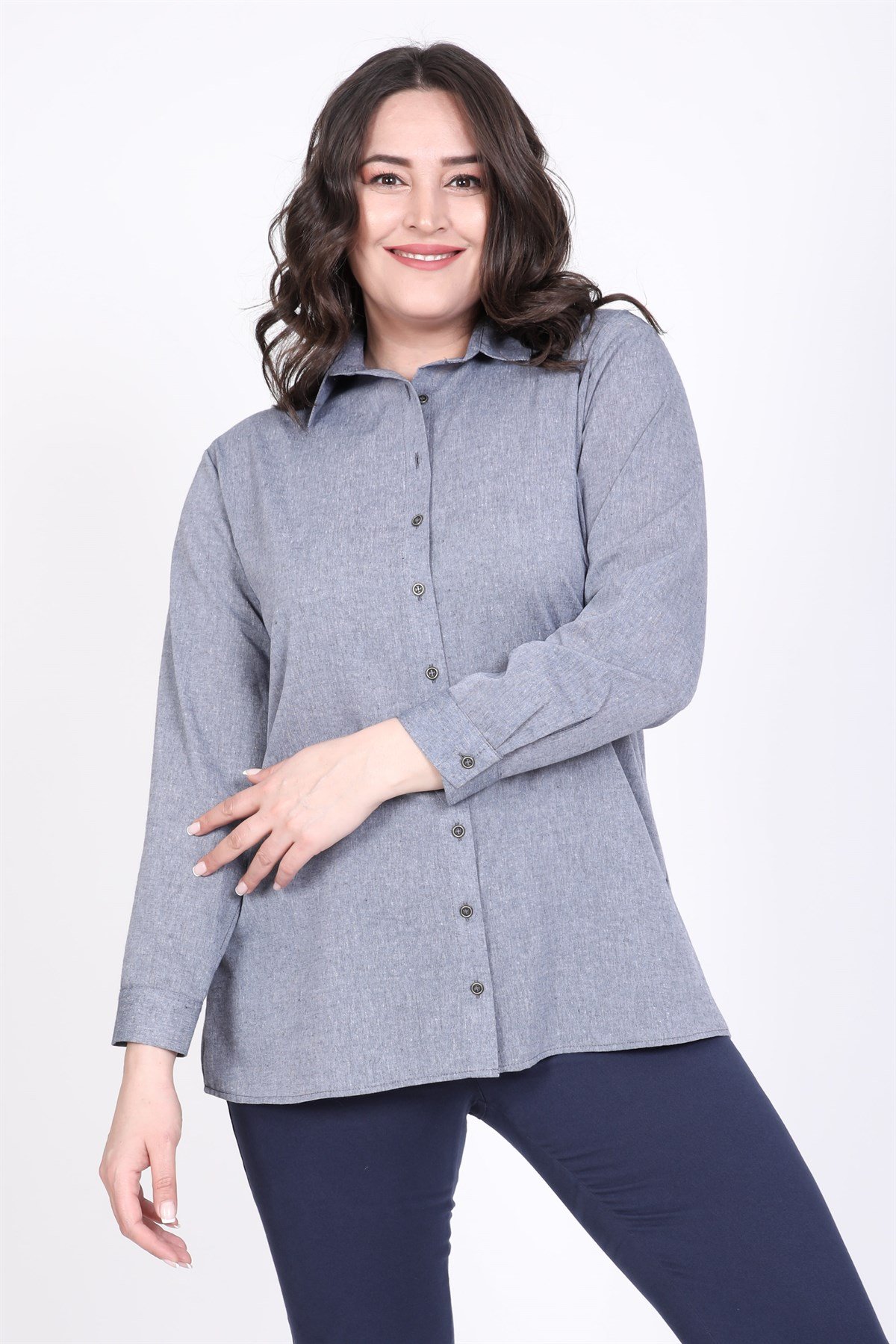 Myline-Denim Görünümlü Gömlek-Büyük Beden Gömlek-45349