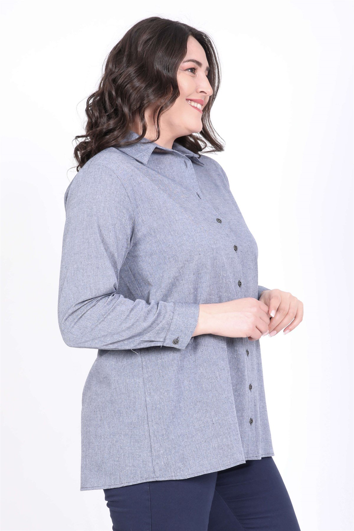 Myline-Denim Görünümlü Gömlek-Büyük Beden Gömlek-45349