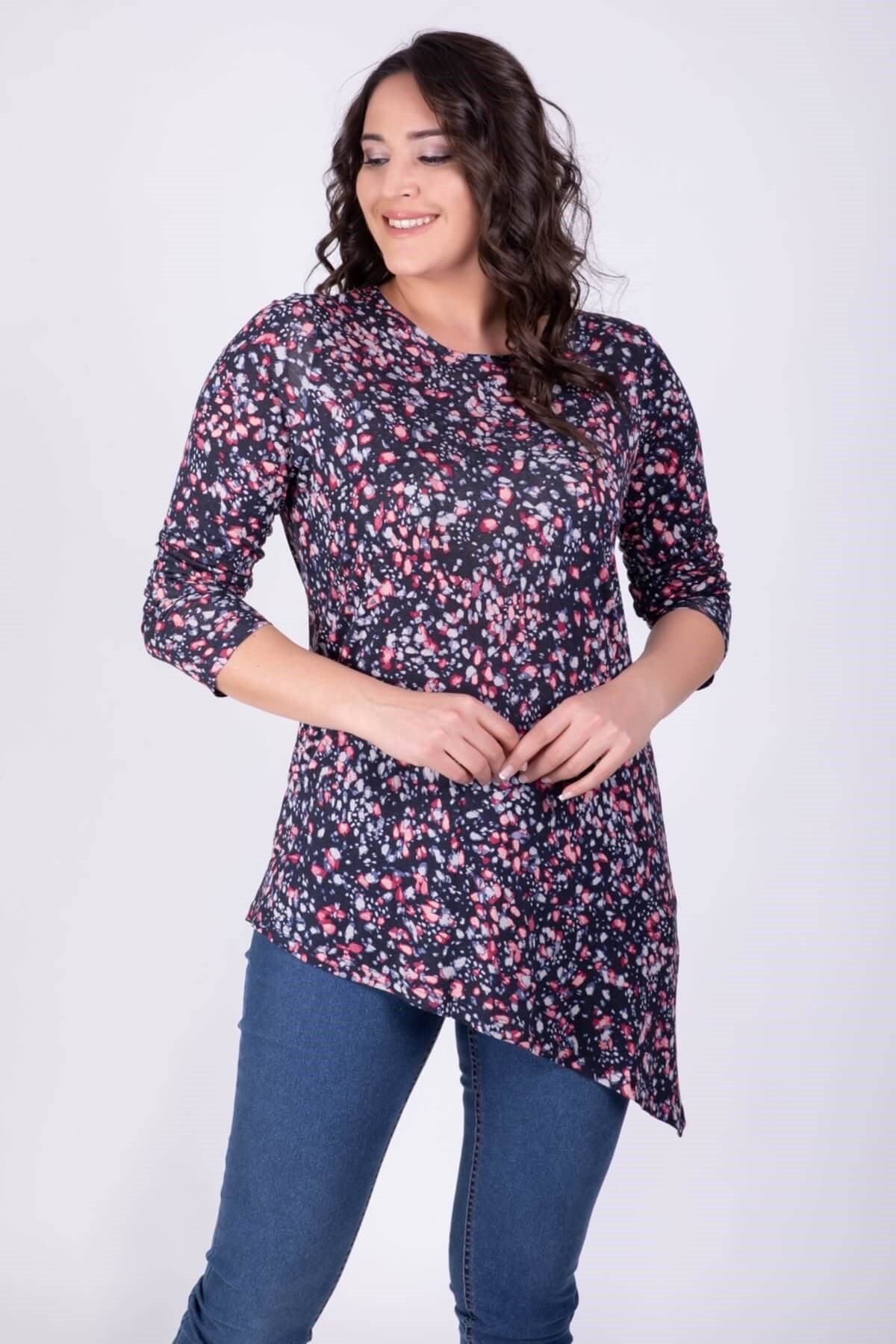 Myline-Desenli Asimetrik Tunik-Büyük Beden Tunik-24079