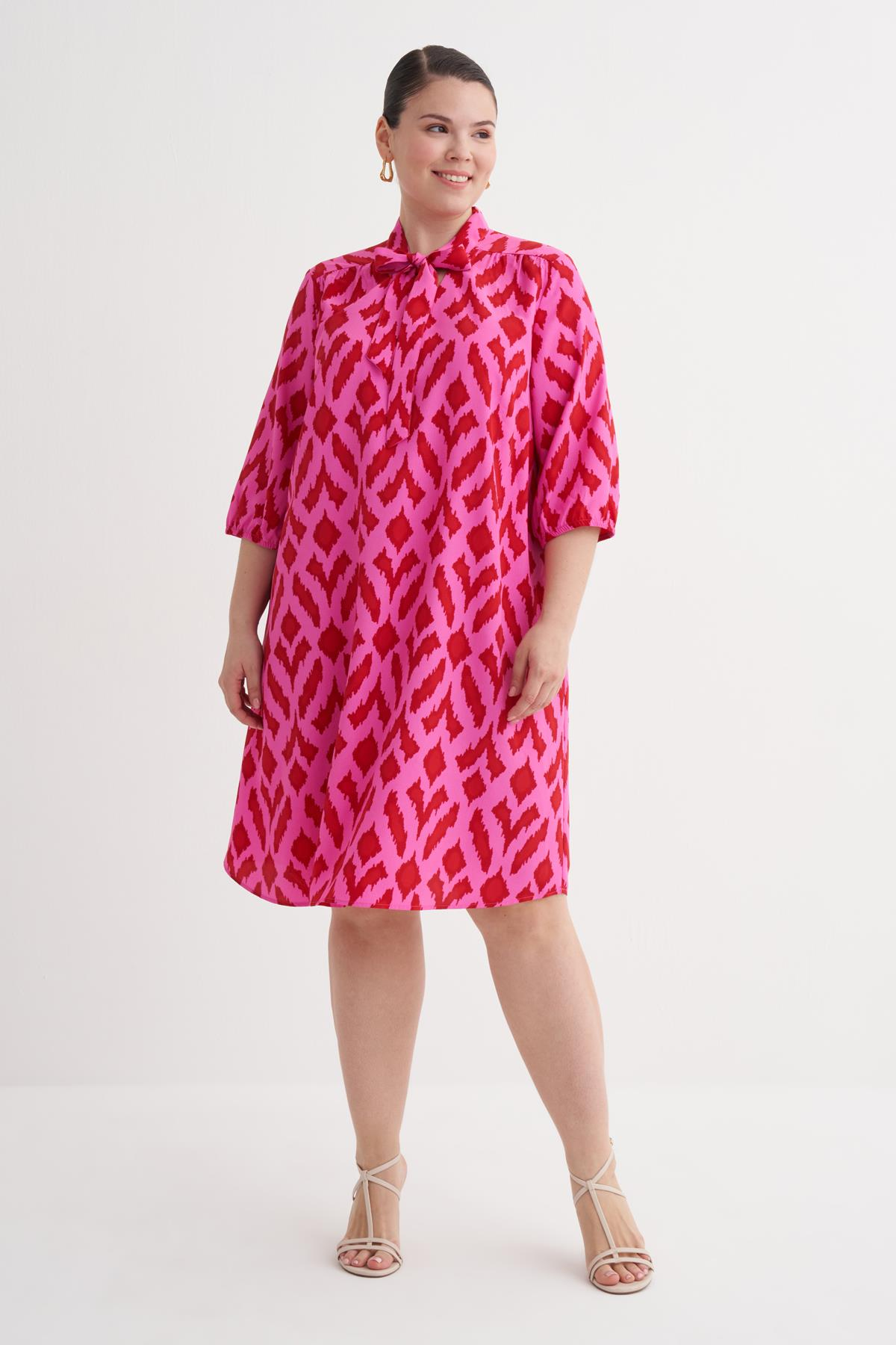 Myline-Desenli Fular Yaka Elbise-Büyük Beden Elbise-149987