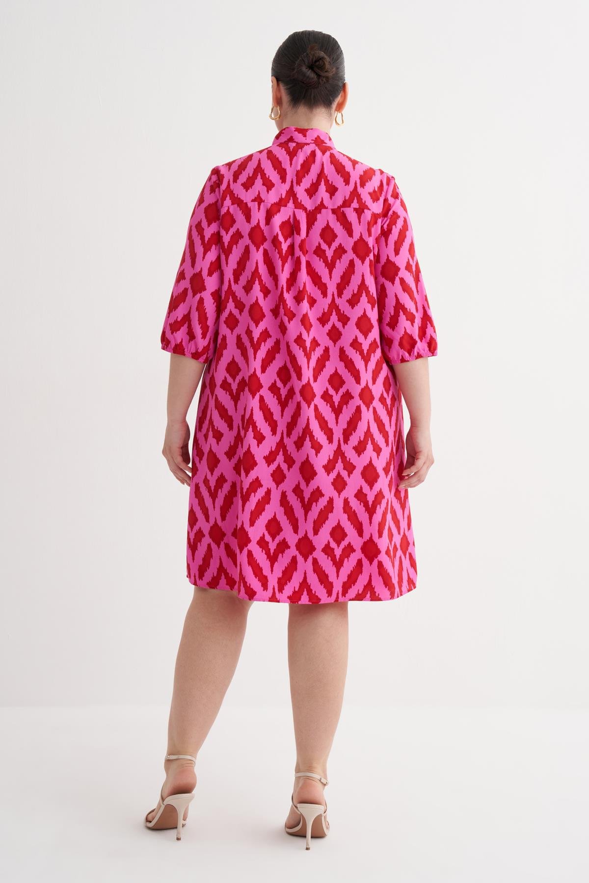 Myline-Desenli Fular Yaka Elbise-Büyük Beden Elbise-149987