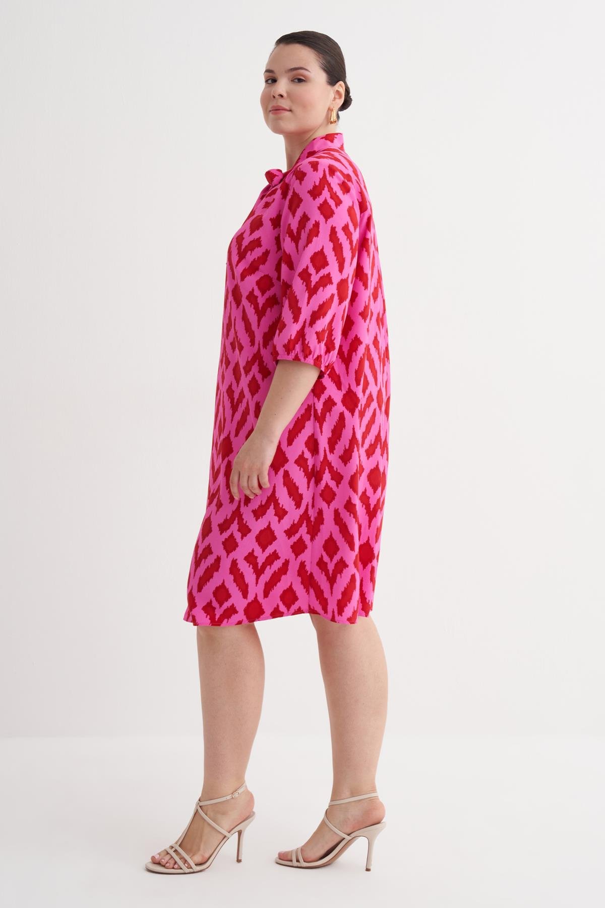 Myline-Desenli Fular Yaka Elbise-Büyük Beden Elbise-149987