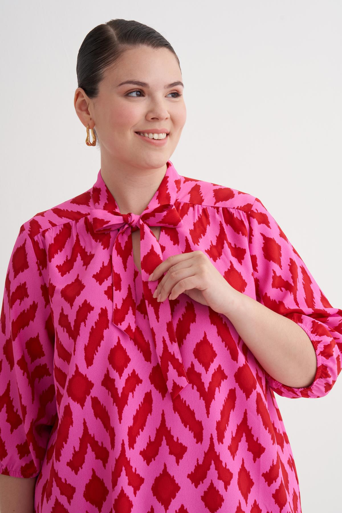 Myline-Desenli Fular Yaka Elbise-Büyük Beden Elbise-149987