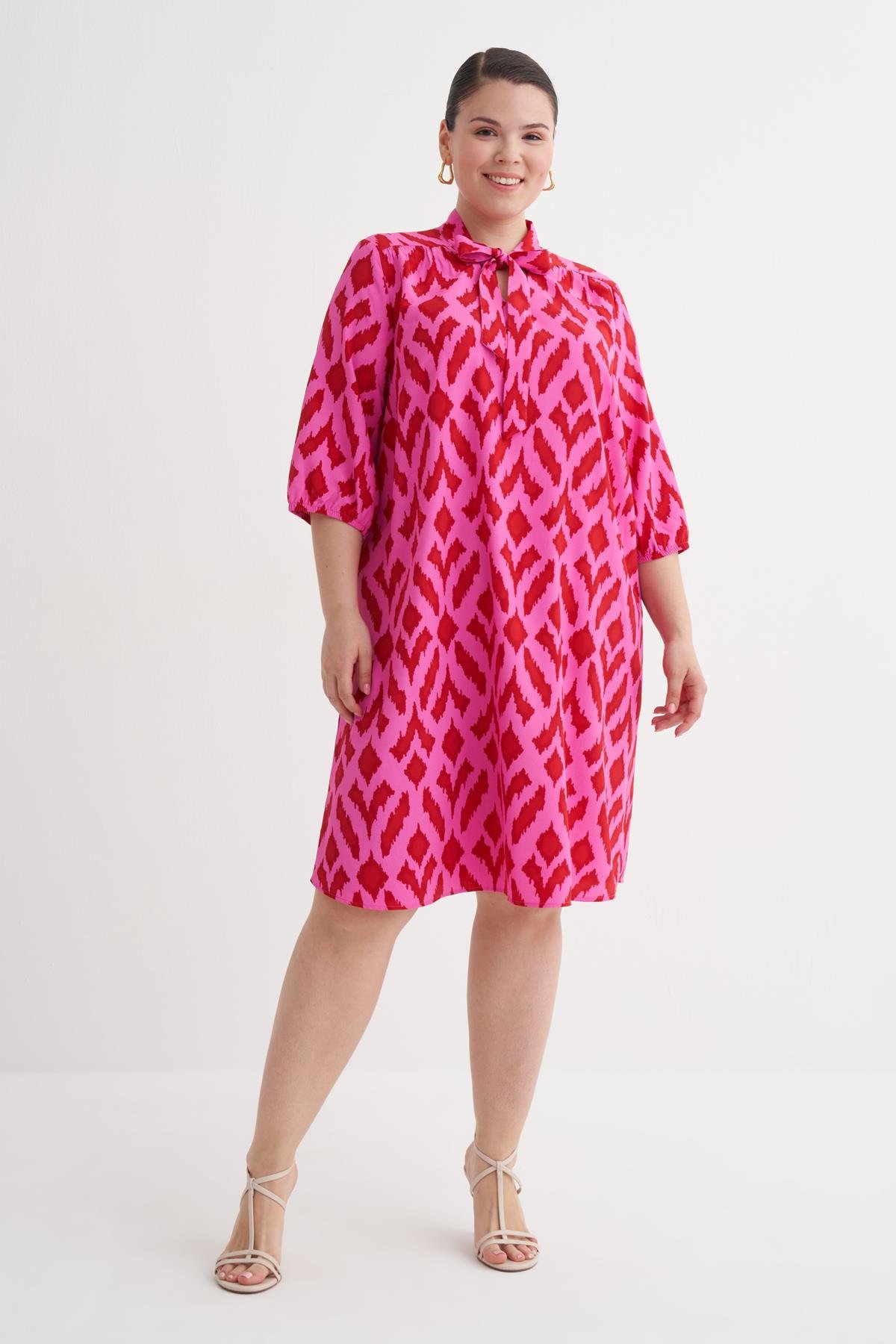 Myline-Desenli Fular Yaka Elbise-Büyük Beden Elbise-149987