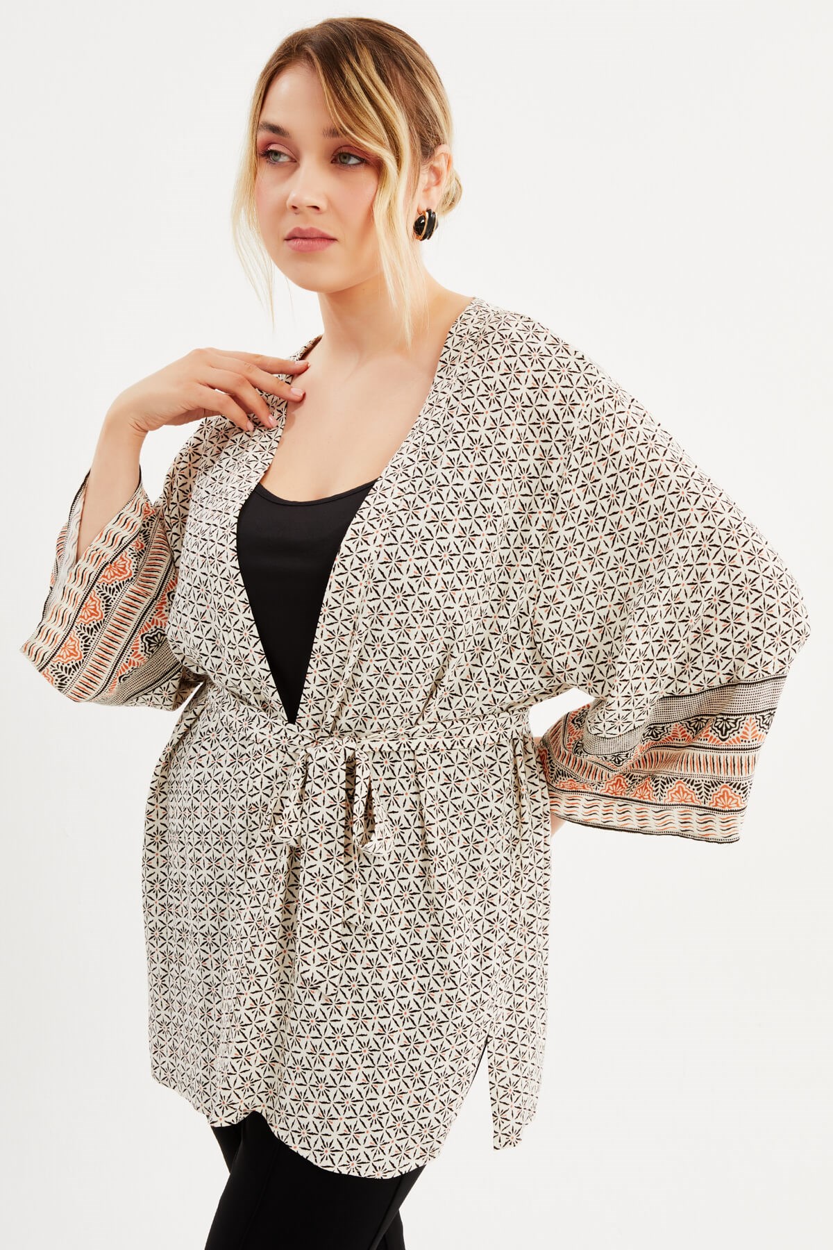 Myline-Desenli Kemer Detaylı Kimono-Büyük Beden Hırka-77797