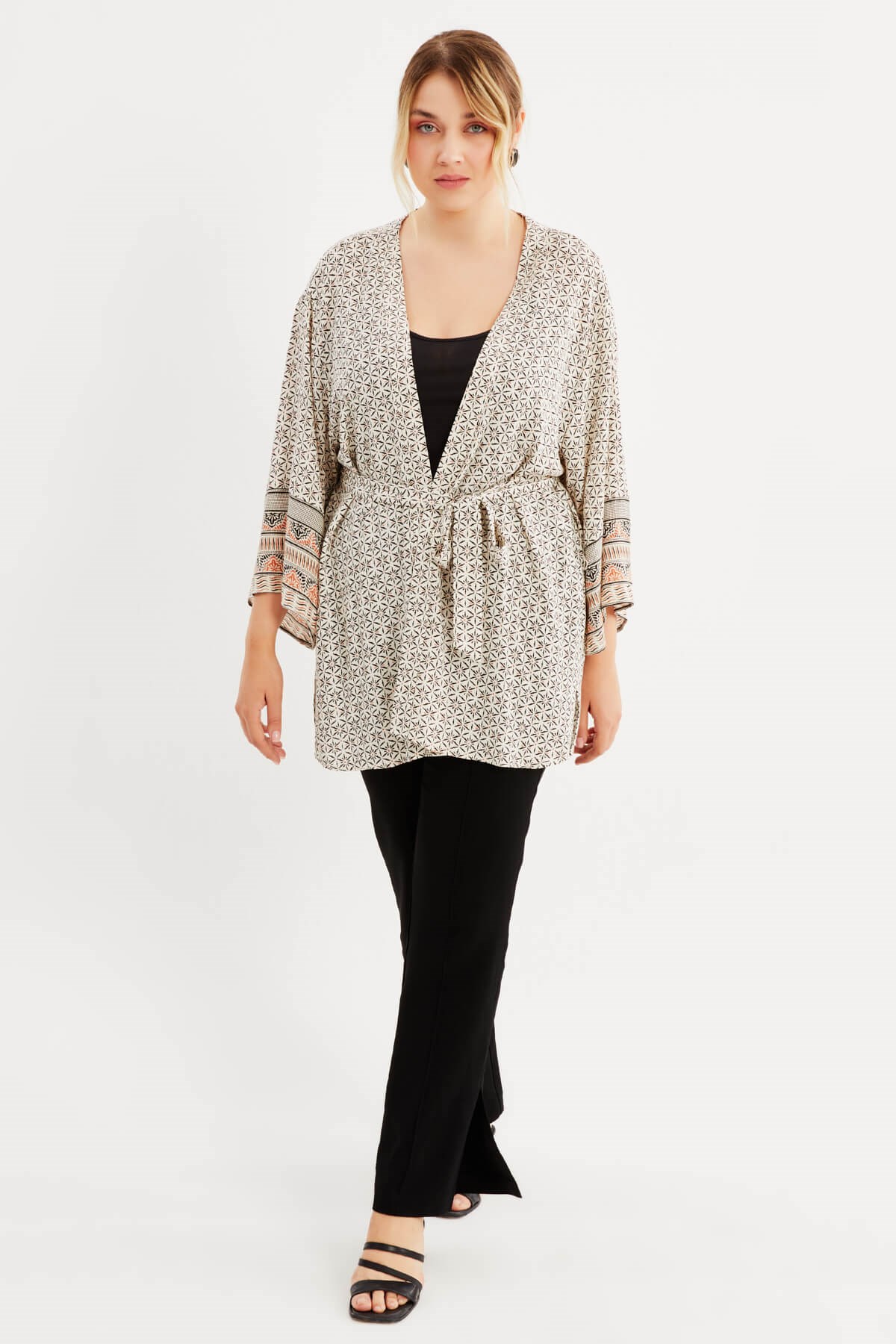 Myline-Desenli Kemer Detaylı Kimono-Büyük Beden Hırka-77797
