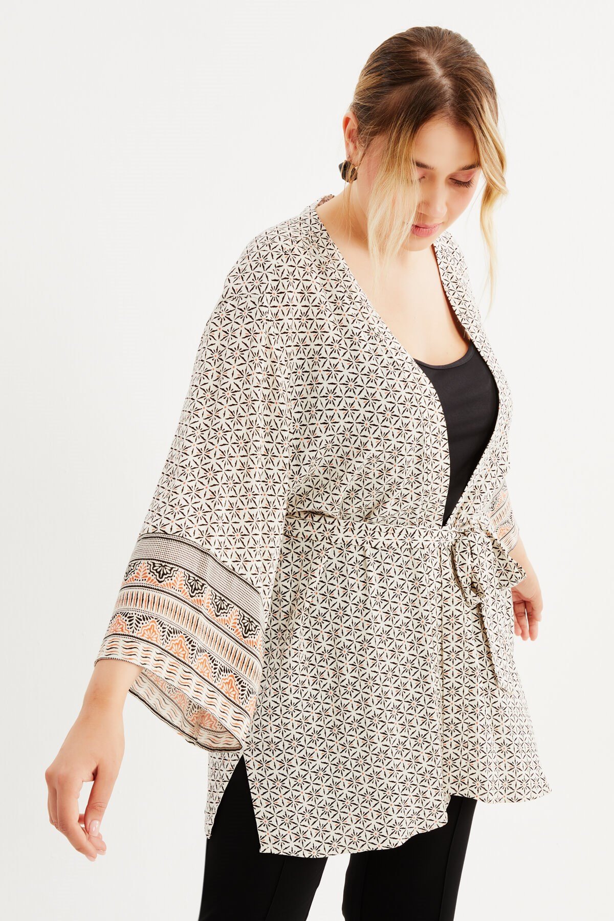 Myline-Desenli Kemer Detaylı Kimono-Büyük Beden Hırka-77797