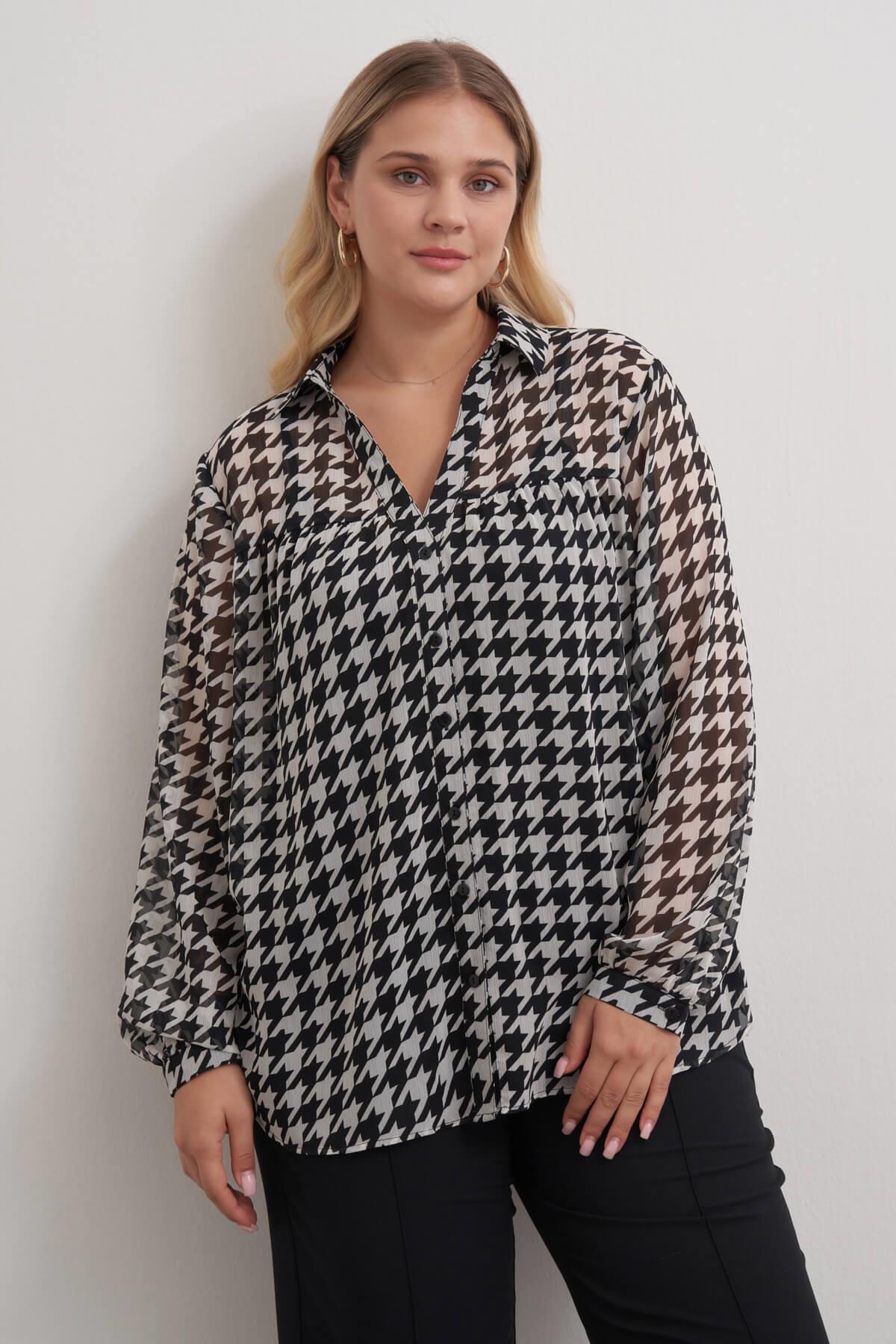 Myline-Desenli Şifon Gömlek-Büyük Beden Gömlek-149478