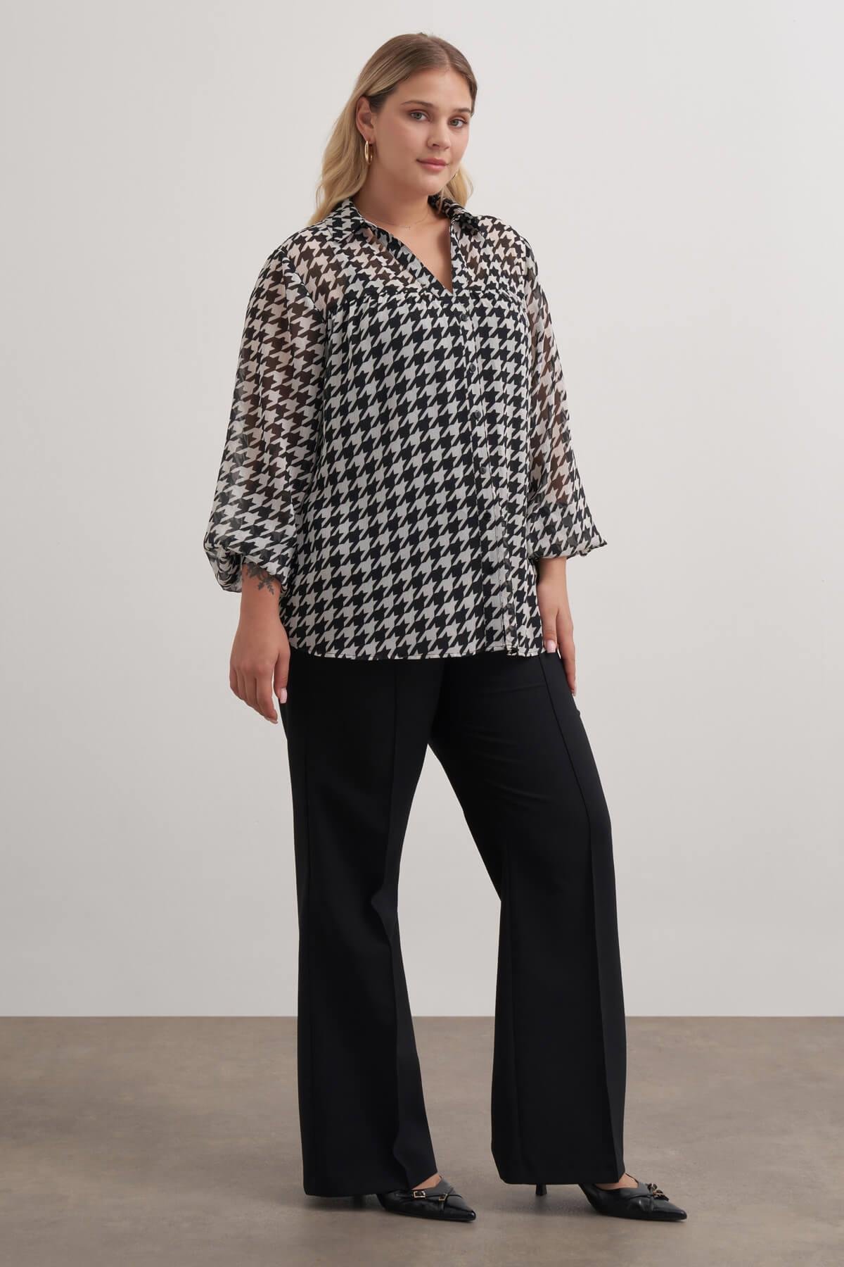 Myline-Desenli Şifon Gömlek-Büyük Beden Gömlek-149478