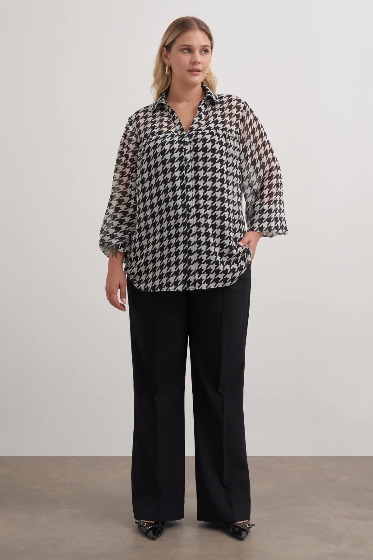 Myline-Desenli Şifon Gömlek-Büyük Beden Gömlek-149478