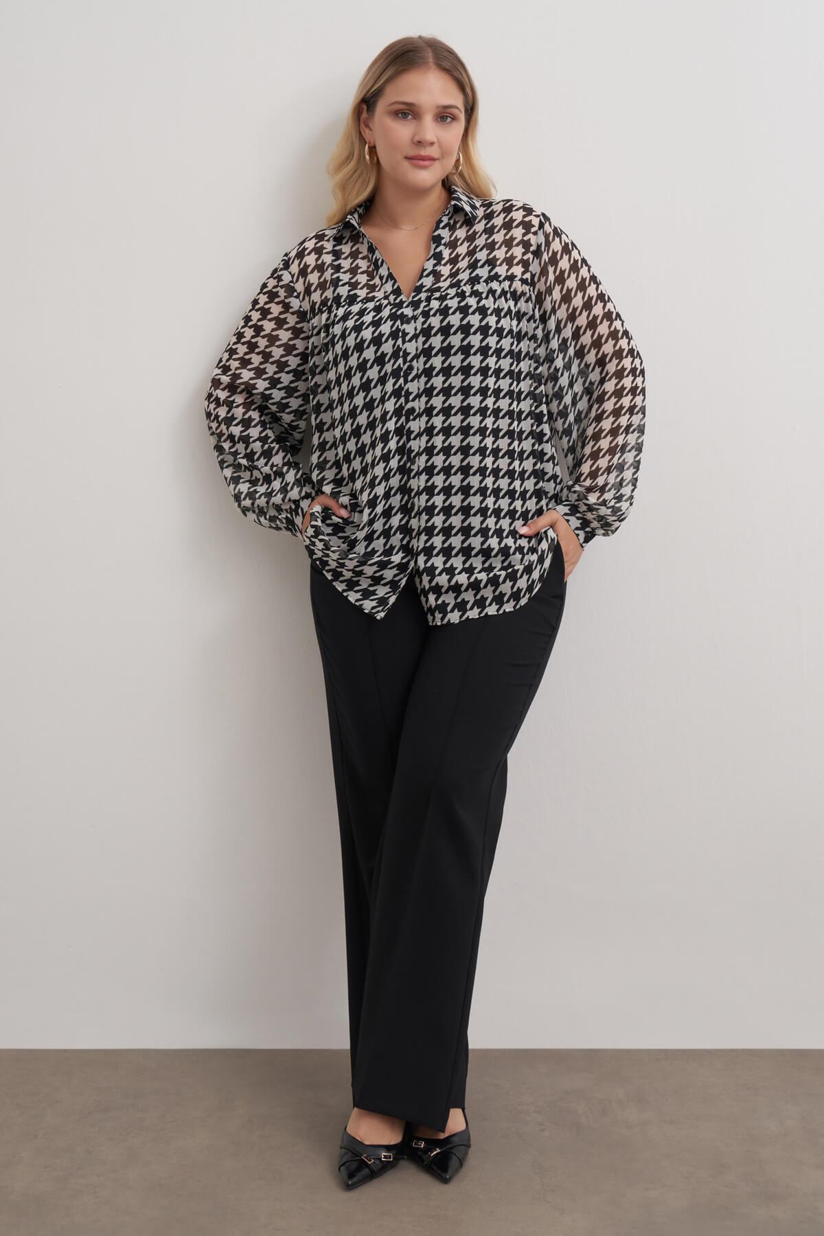 Myline-Desenli Şifon Gömlek-Büyük Beden Gömlek-149478