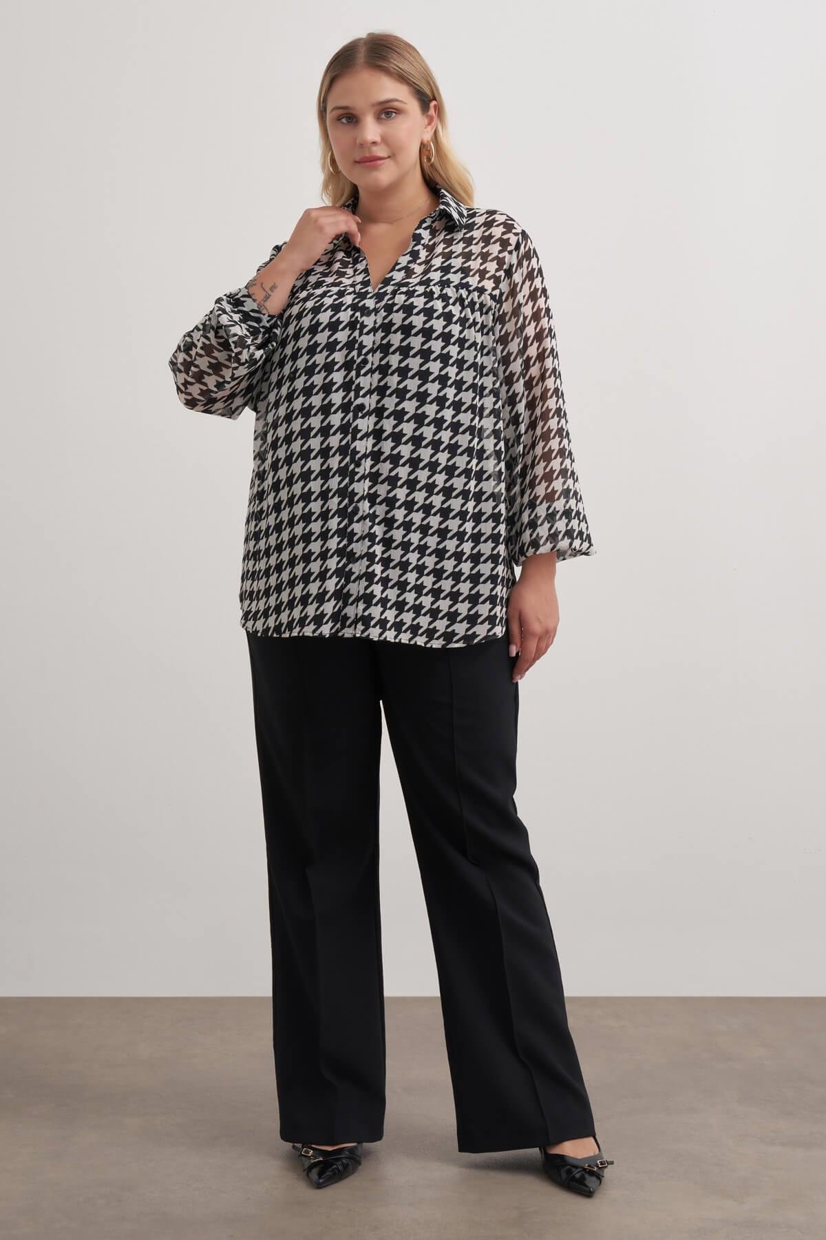 Myline-Desenli Şifon Gömlek-Büyük Beden Gömlek-149478