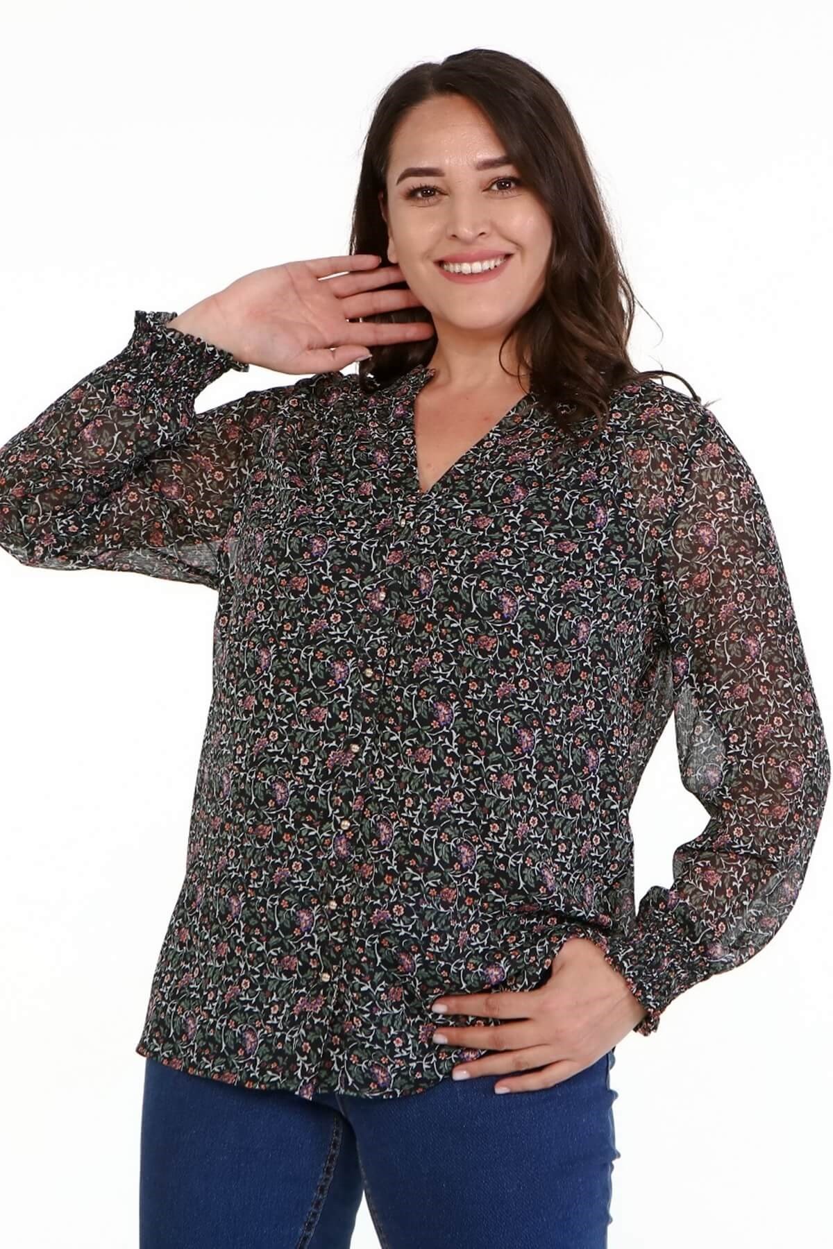 Myline-Desenli Şifon Gömlek -Büyük Beden Gömlek-77091