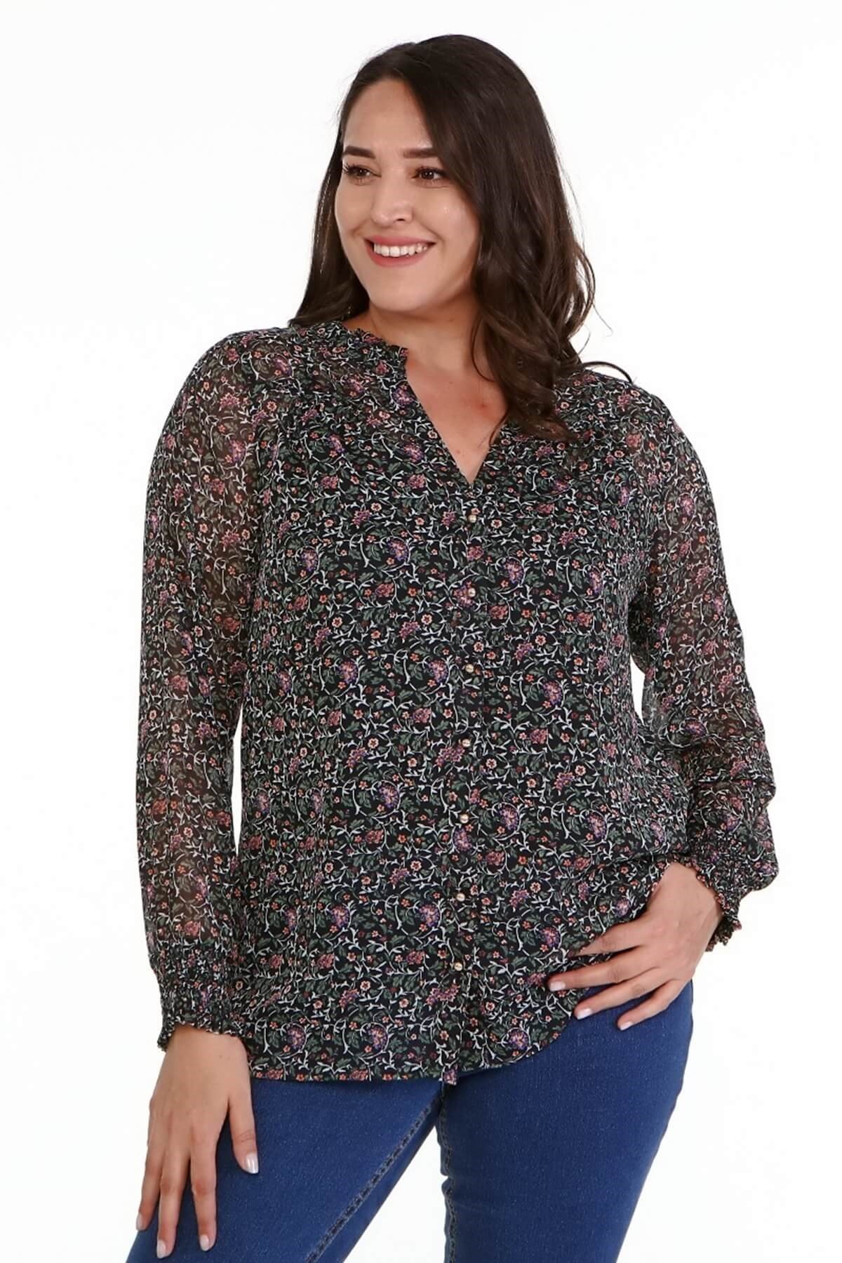 Myline-Desenli Şifon Gömlek -Büyük Beden Gömlek-77091