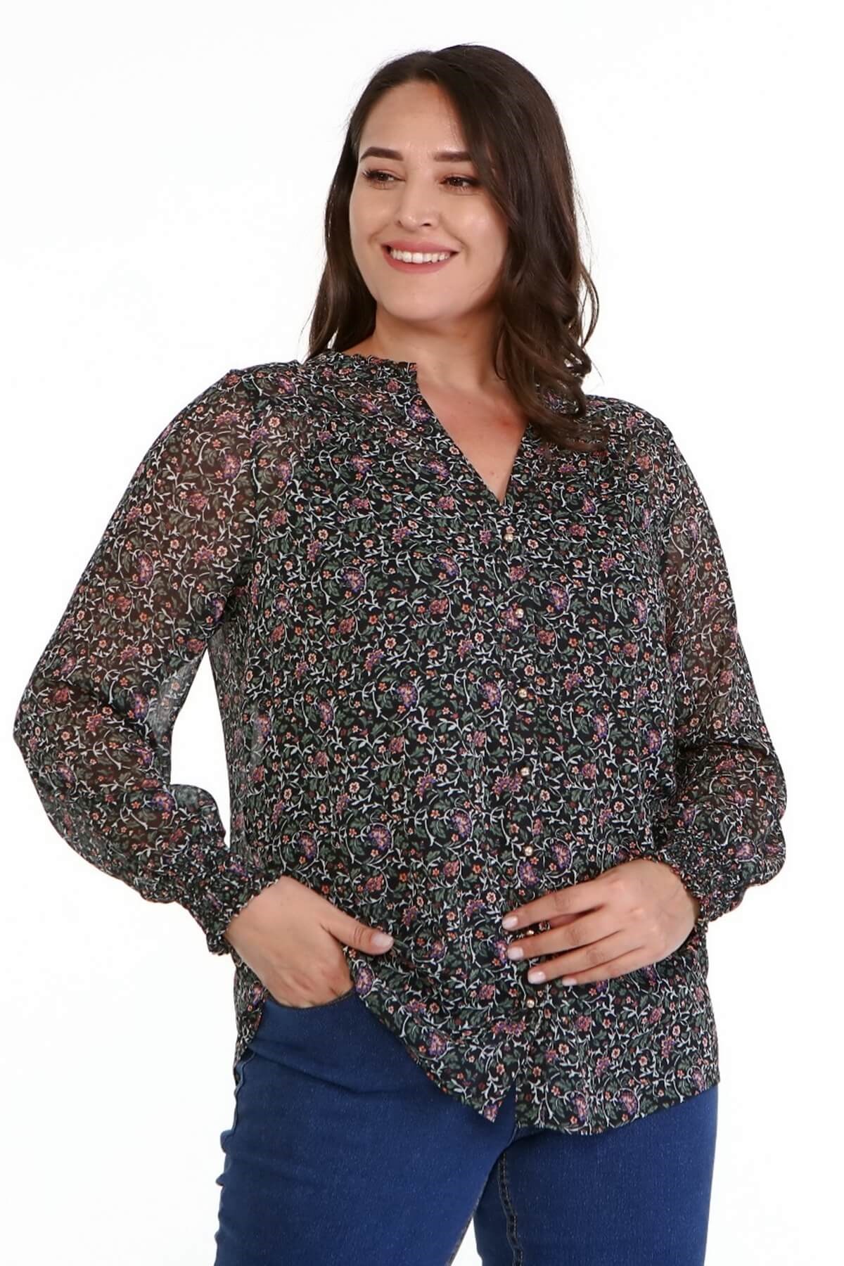 Myline-Desenli Şifon Gömlek -Büyük Beden Gömlek-77091