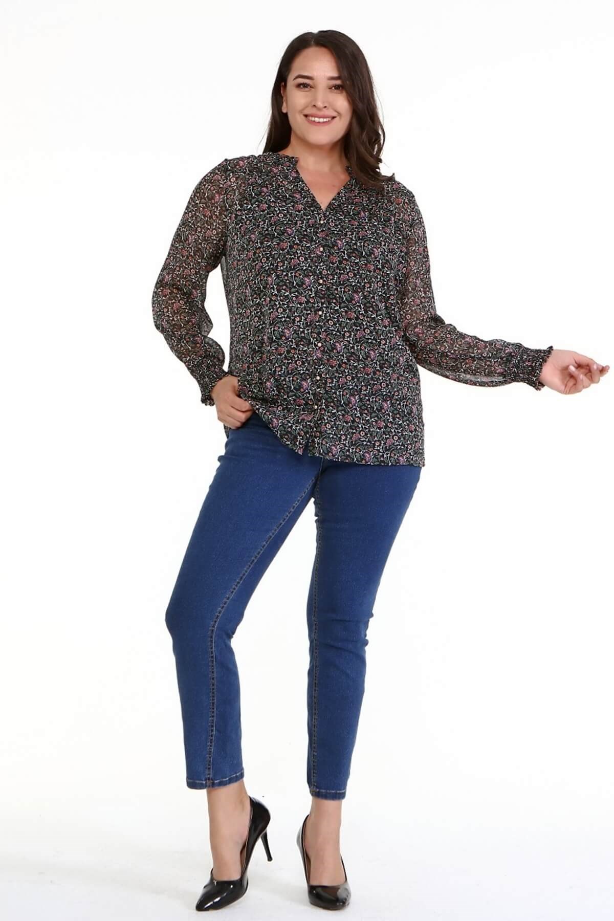 Myline-Desenli Şifon Gömlek -Büyük Beden Gömlek-77091