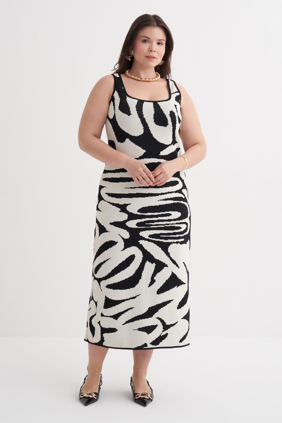 Myline-Desenli Triko Elbise-Büyük Beden Elbise-160082