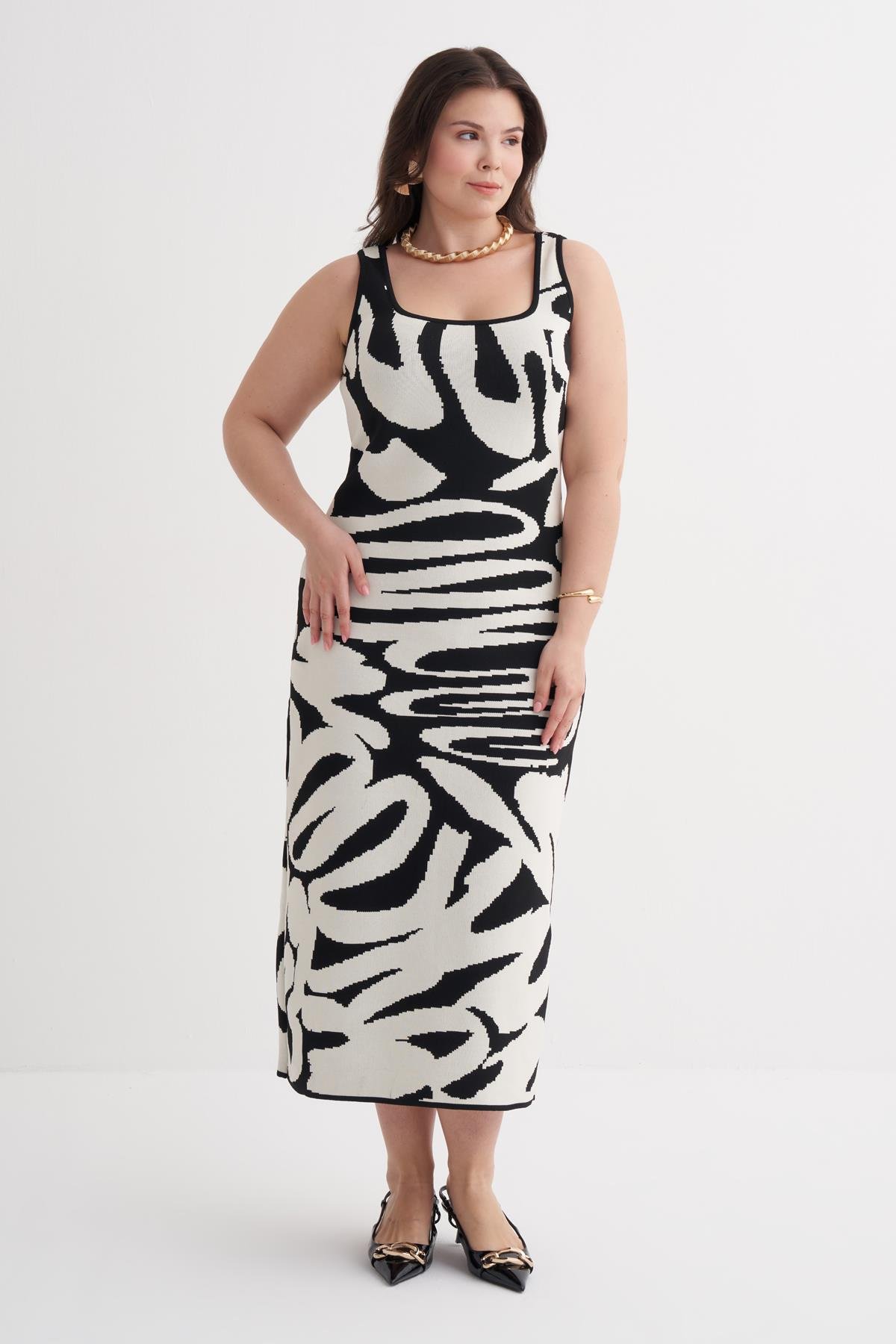 Myline-Desenli Triko Elbise-Büyük Beden Elbise-160082