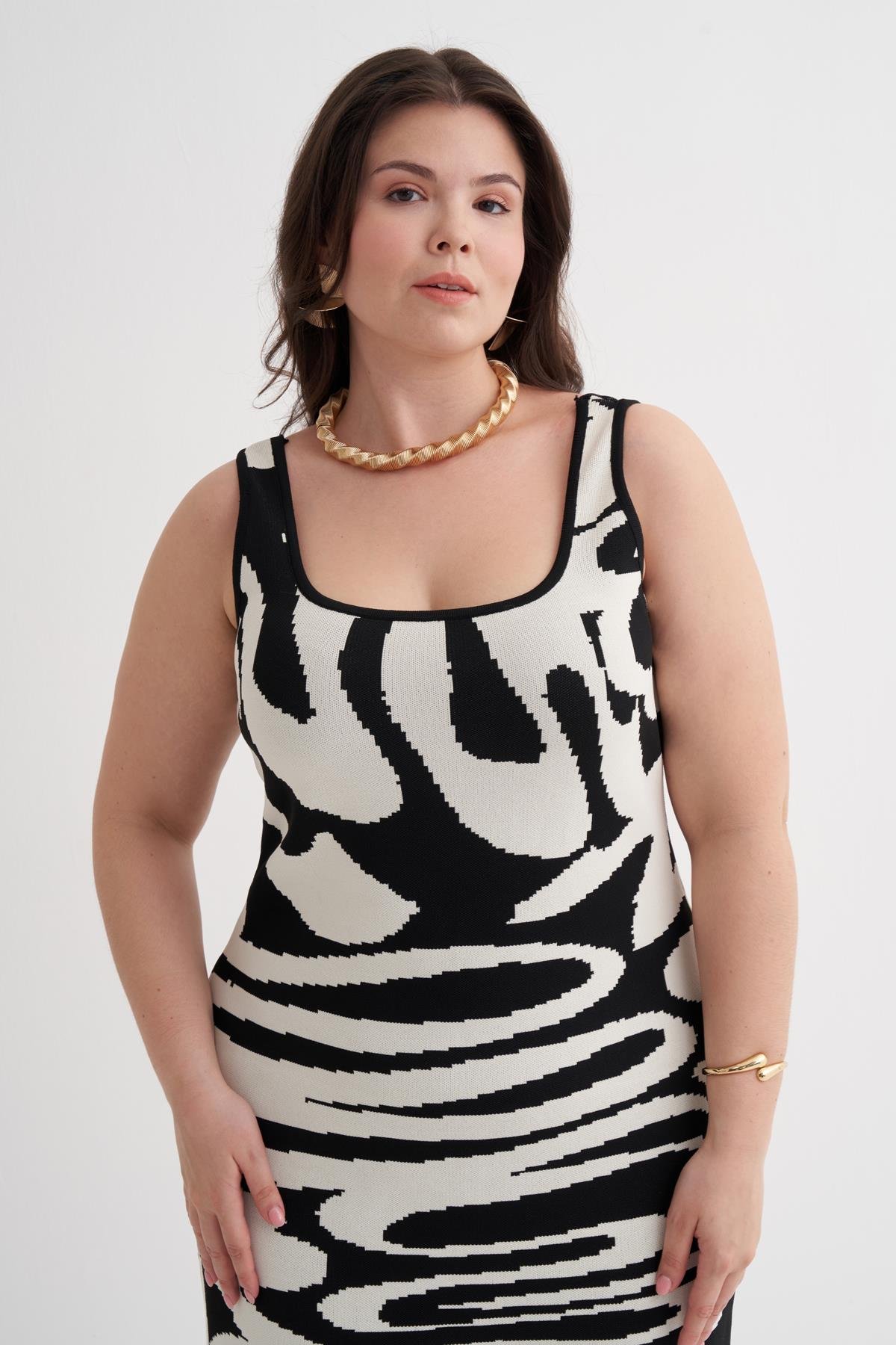 Myline-Desenli Triko Elbise-Büyük Beden Elbise-160082