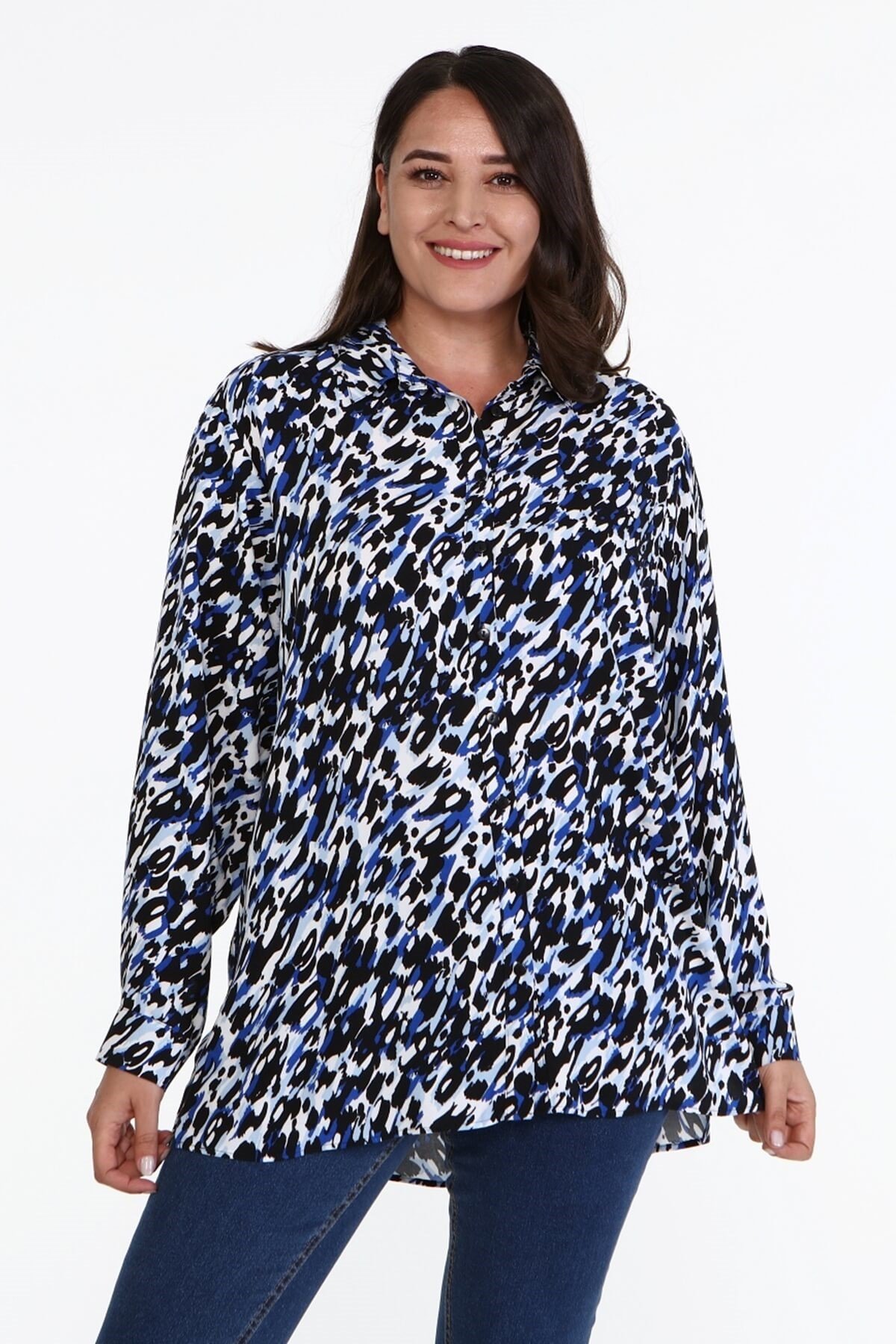 Myline-Desenli Uzun Kollu Gömlek -Büyük Beden Gömlek-66944