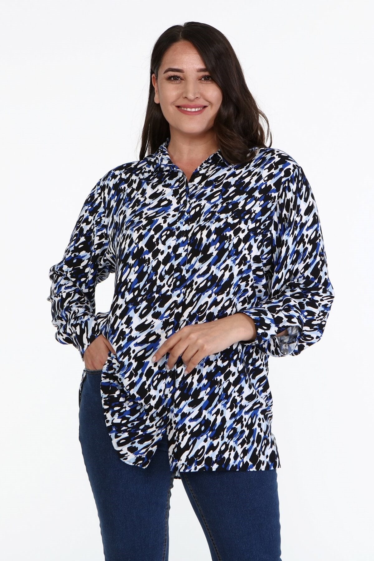 Myline-Desenli Uzun Kollu Gömlek -Büyük Beden Gömlek-66944