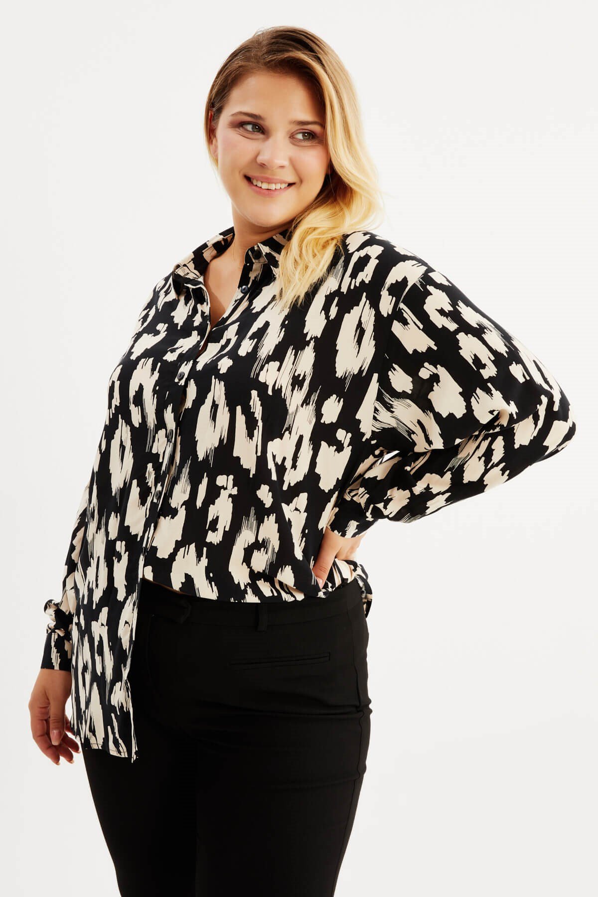 Myline-Desenli Uzun Kollu Gömlek -Büyük Beden Gömlek-77239