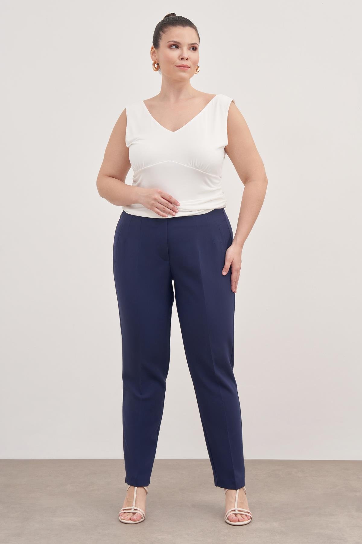 Myline-Dikiş Detaylı Yüksek Bel Pantolon-Büyük Beden Pantolon-139069