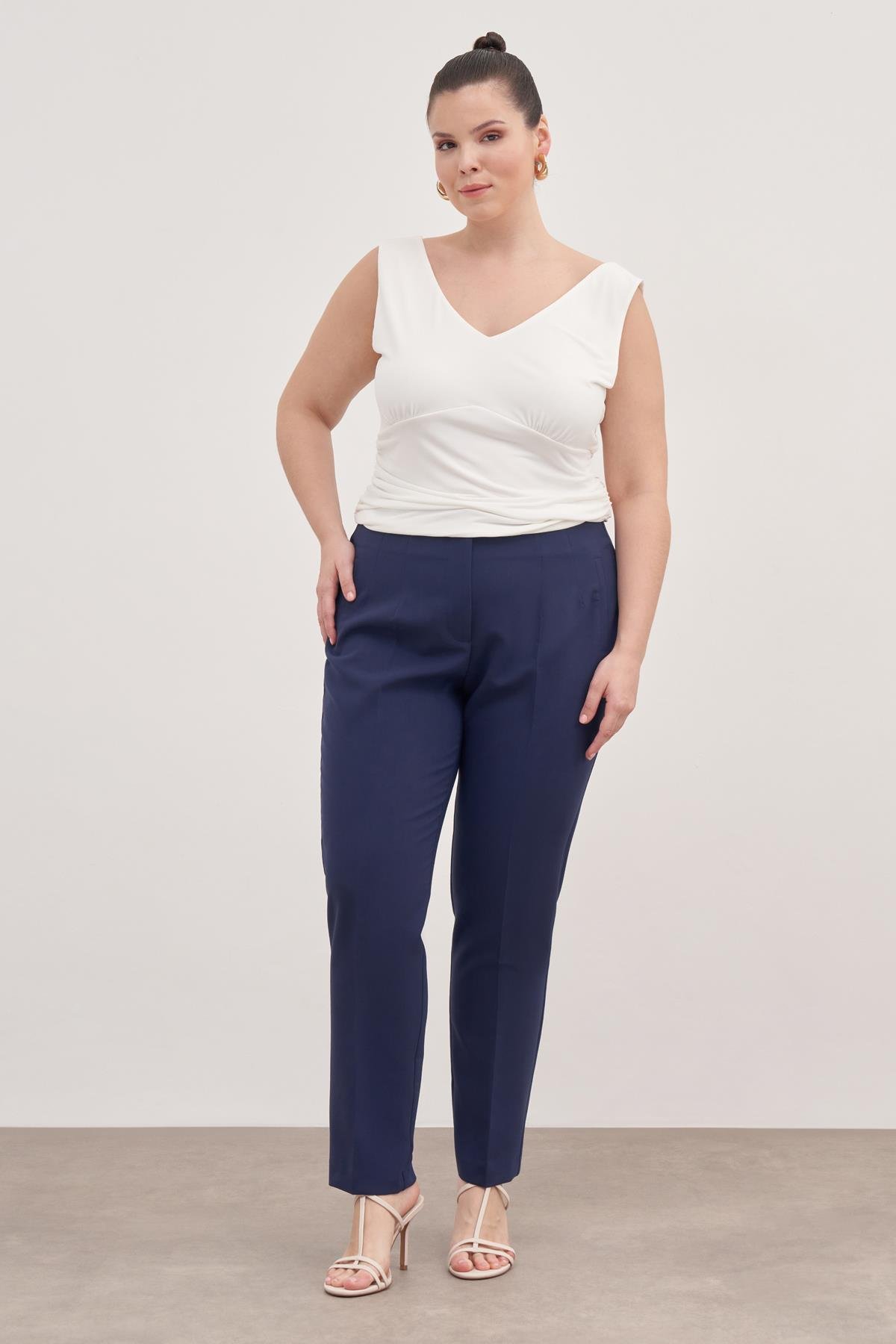 Myline-Dikiş Detaylı Yüksek Bel Pantolon-Büyük Beden Pantolon-139069