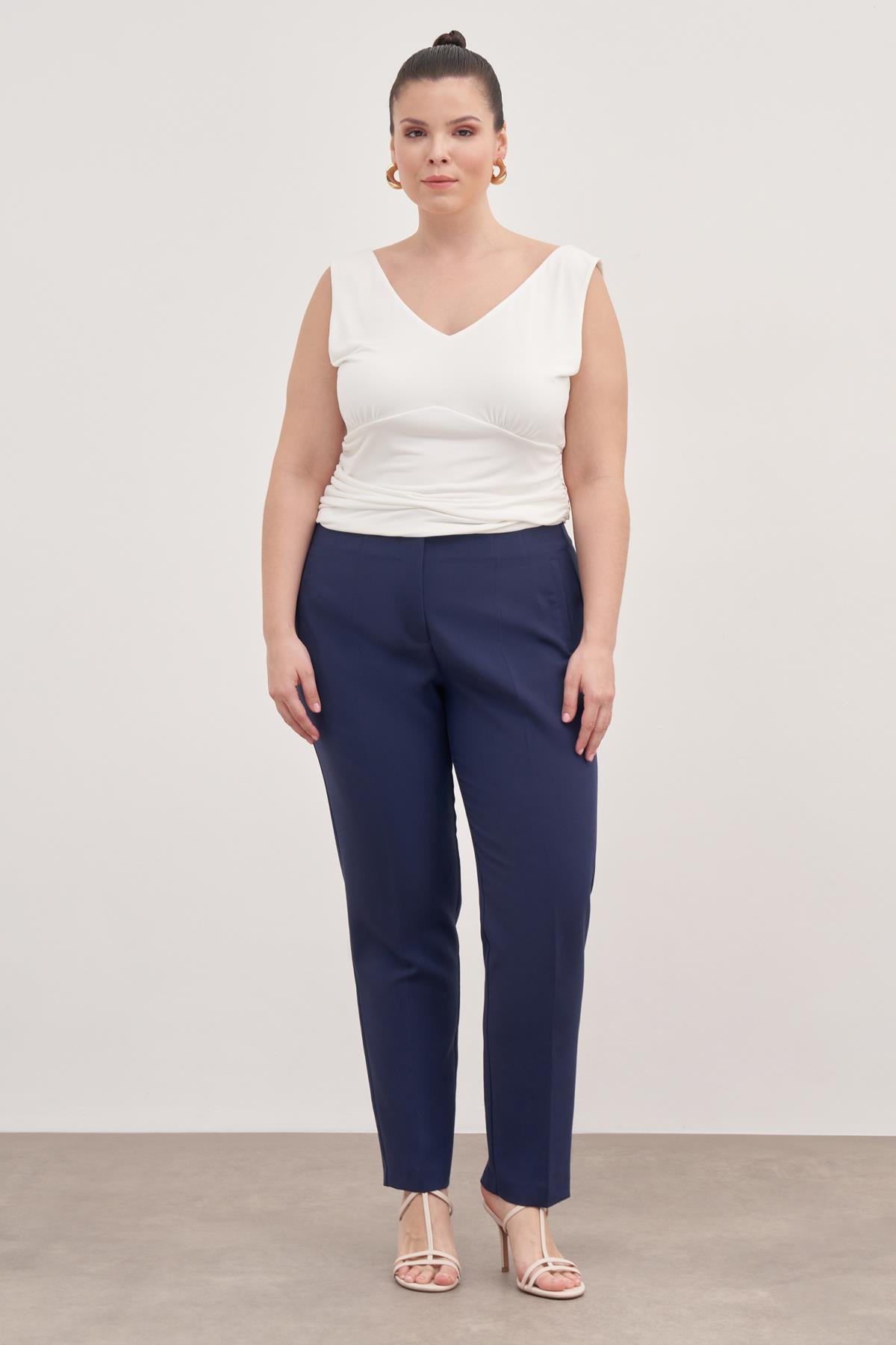 Myline-Dikiş Detaylı Yüksek Bel Pantolon-Büyük Beden Pantolon-139069