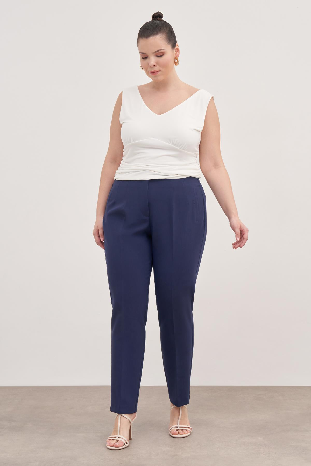 Myline-Dikiş Detaylı Yüksek Bel Pantolon-Büyük Beden Pantolon-139069