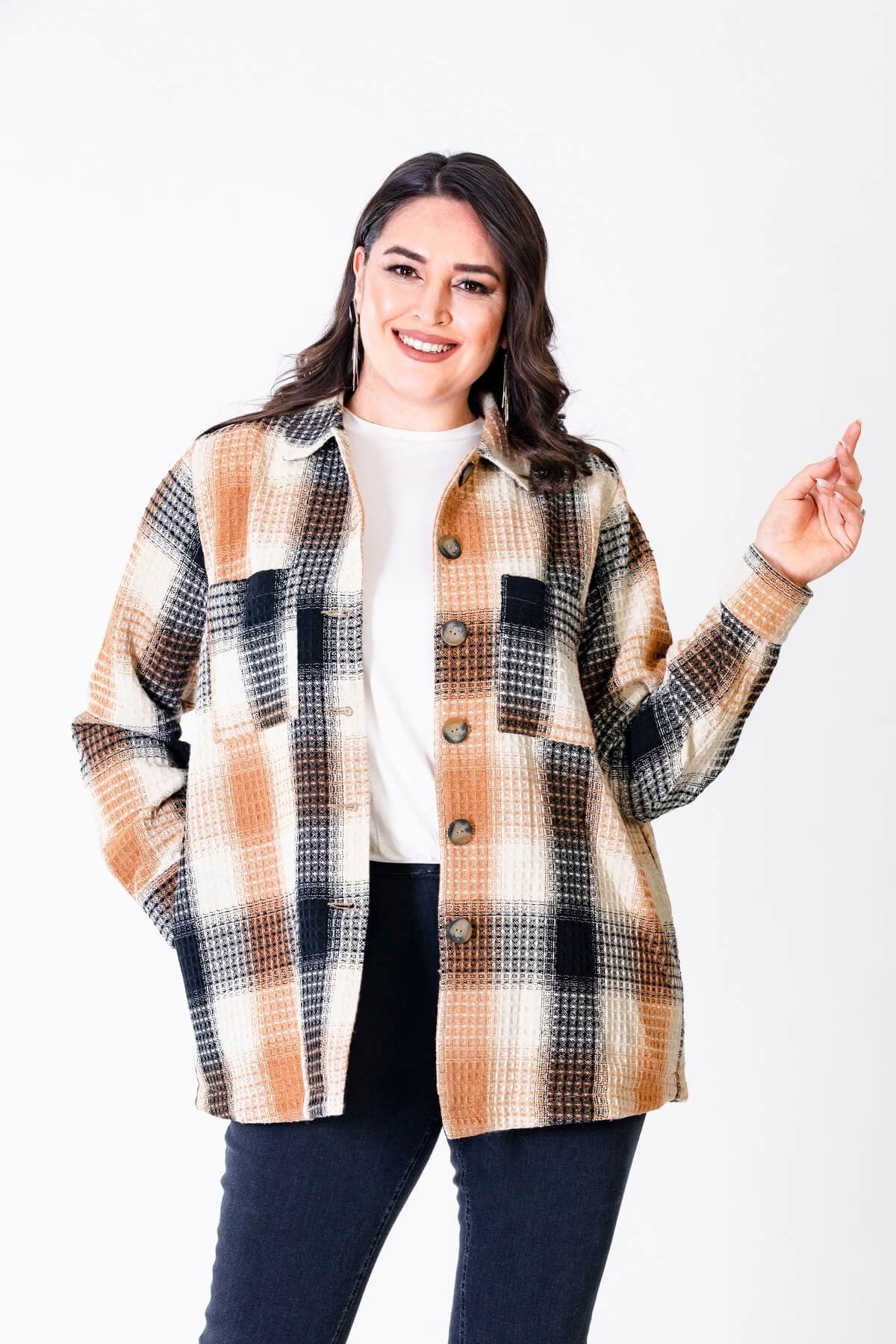 Myline-Dokulu Kareli Astarlı Ceket-Büyük Beden Ceket-66440