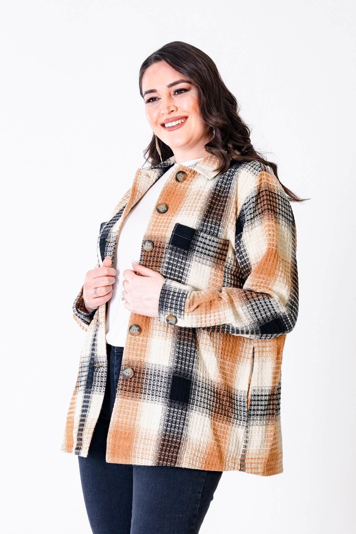 Myline-Dokulu Kareli Astarlı Ceket-Büyük Beden Ceket-66440