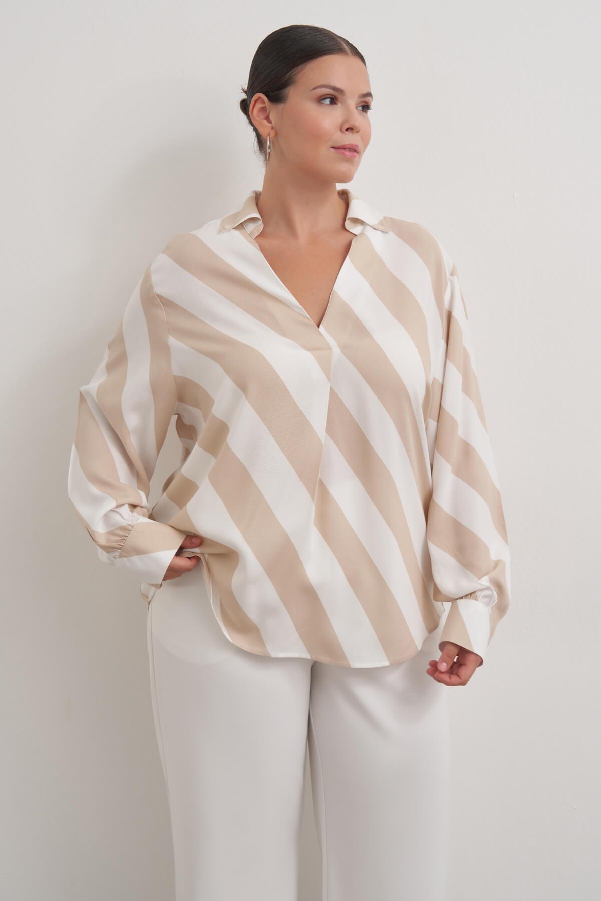 Myline-Dökümlü Çizgili Bluz-Büyük Beden Bluz-149427