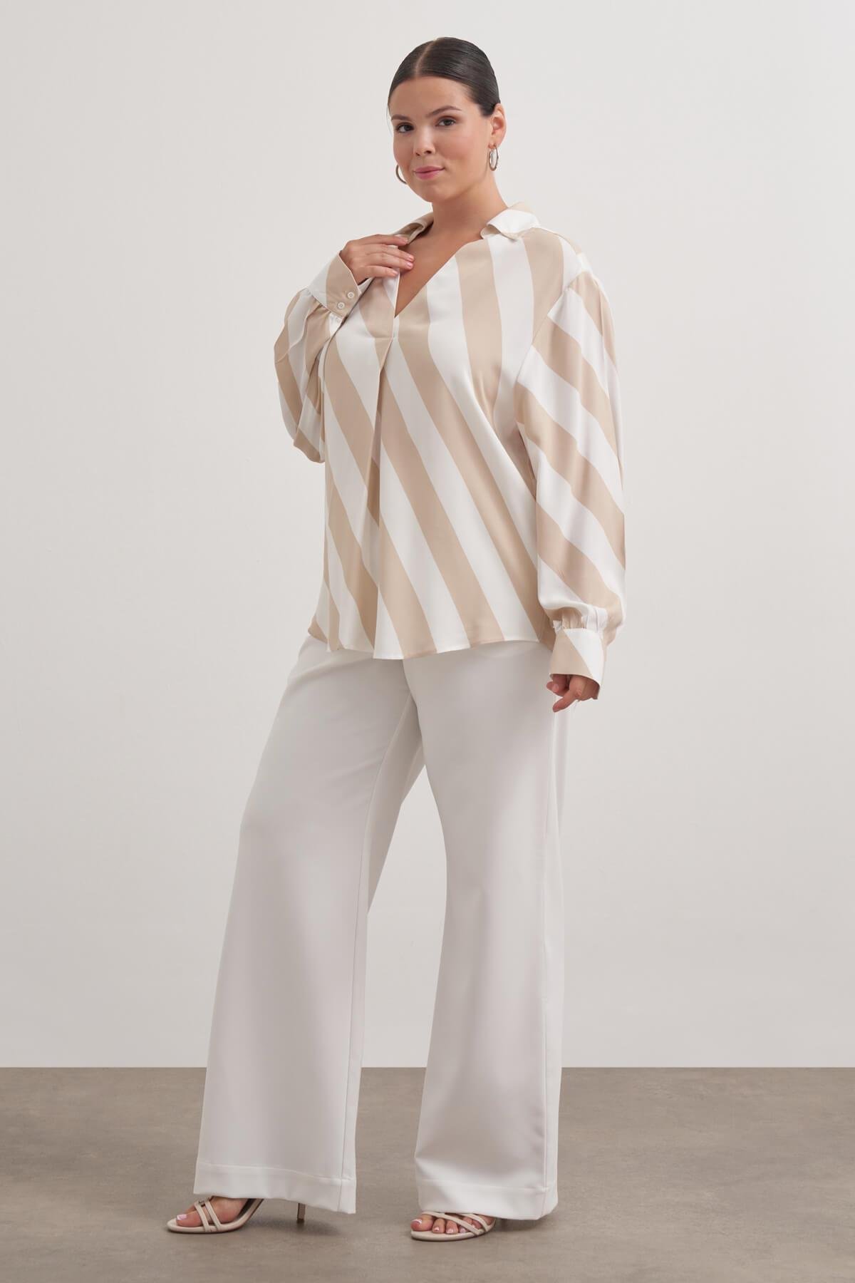 Myline-Dökümlü Çizgili Bluz-Büyük Beden Bluz-149427