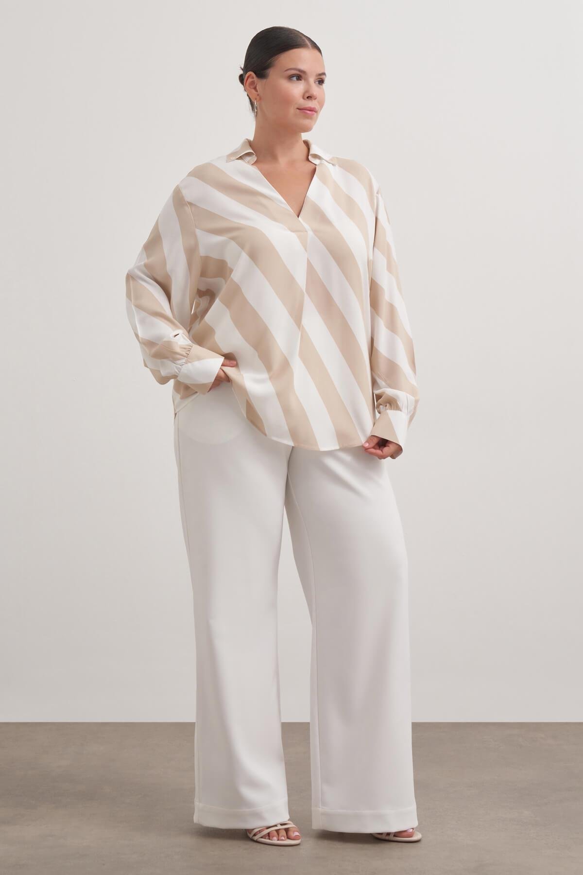 Myline-Dökümlü Çizgili Bluz-Büyük Beden Bluz-149427