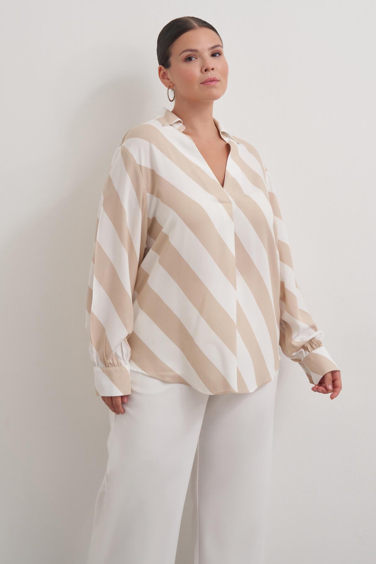 Myline-Dökümlü Çizgili Bluz-Büyük Beden Bluz-149427