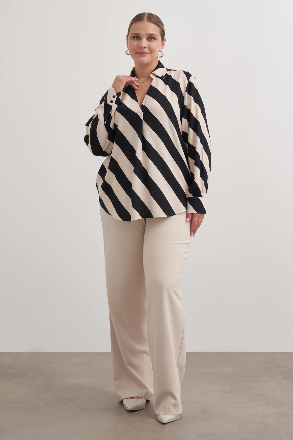 Myline-Dökümlü Çizgili Bluz-Büyük Beden Bluz-149506