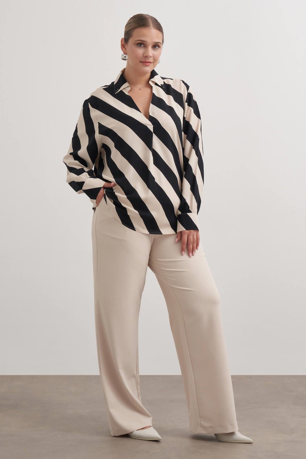 Myline-Dökümlü Çizgili Bluz-Büyük Beden Bluz-149506