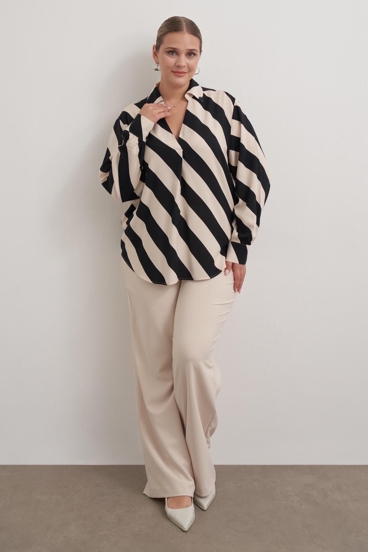 Myline-Dökümlü Çizgili Bluz-Büyük Beden Bluz-149506