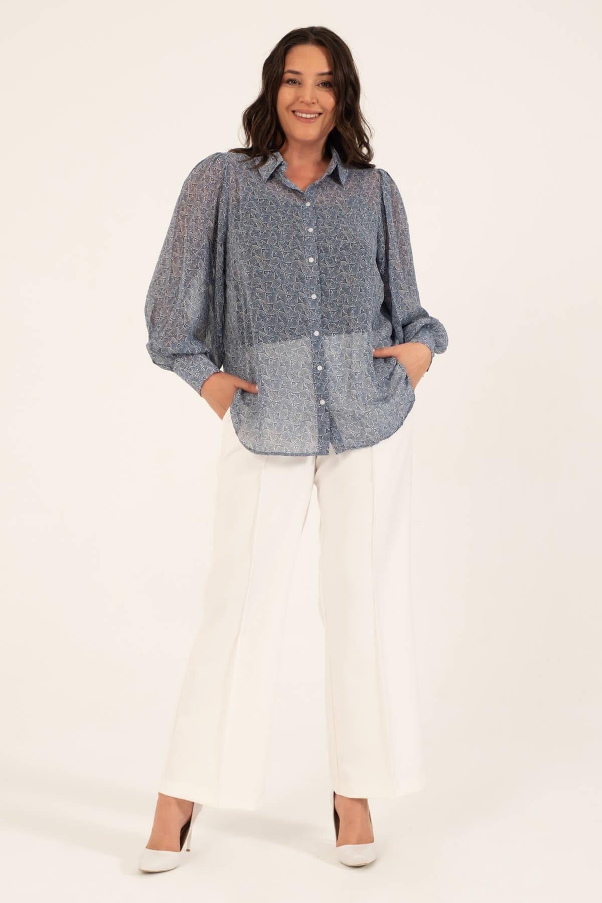 Myline-Dökümlü Şifon Gömlek-Büyük Beden Gömlek-118476