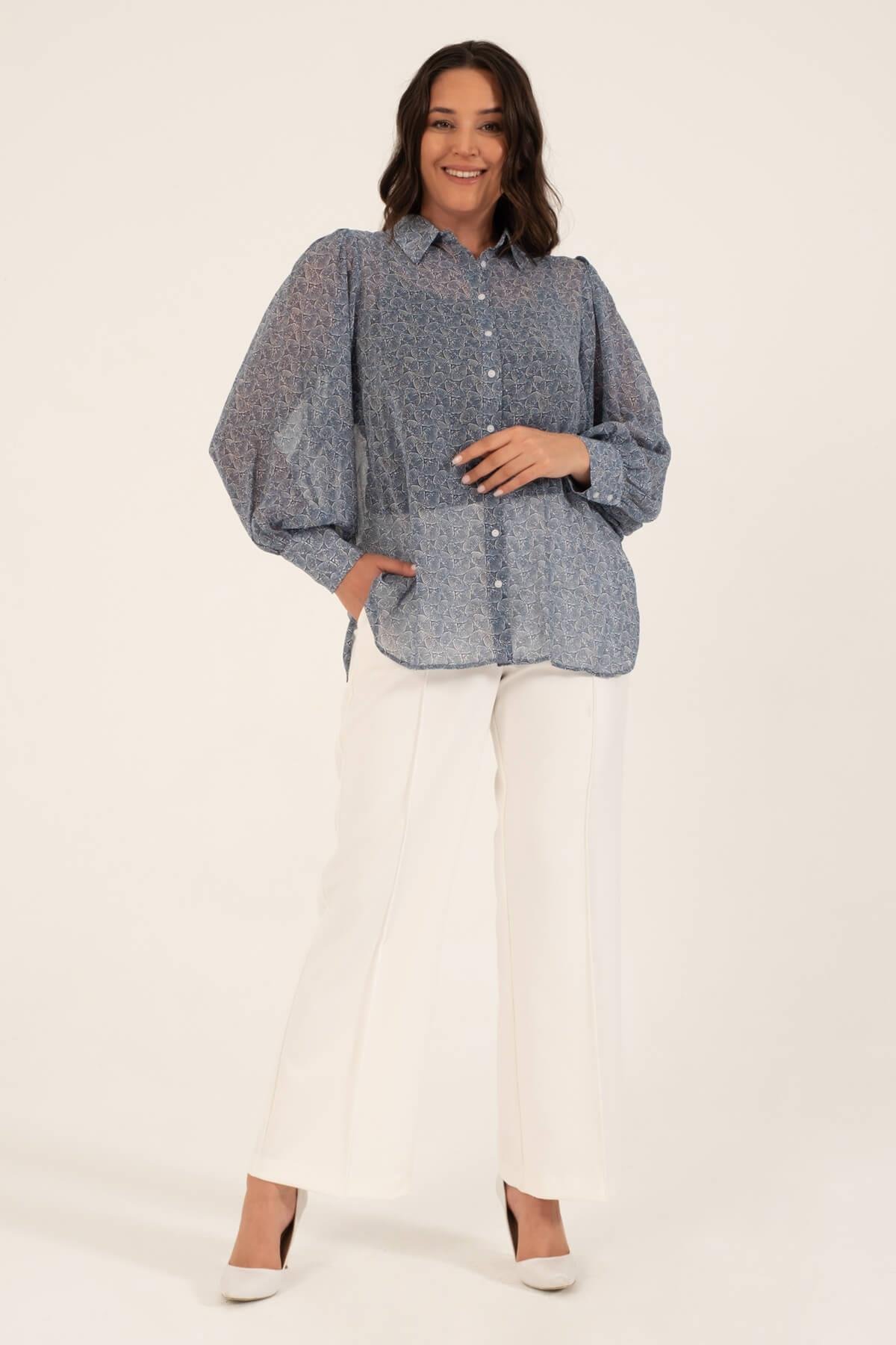 Myline-Dökümlü Şifon Gömlek-Büyük Beden Gömlek-118476