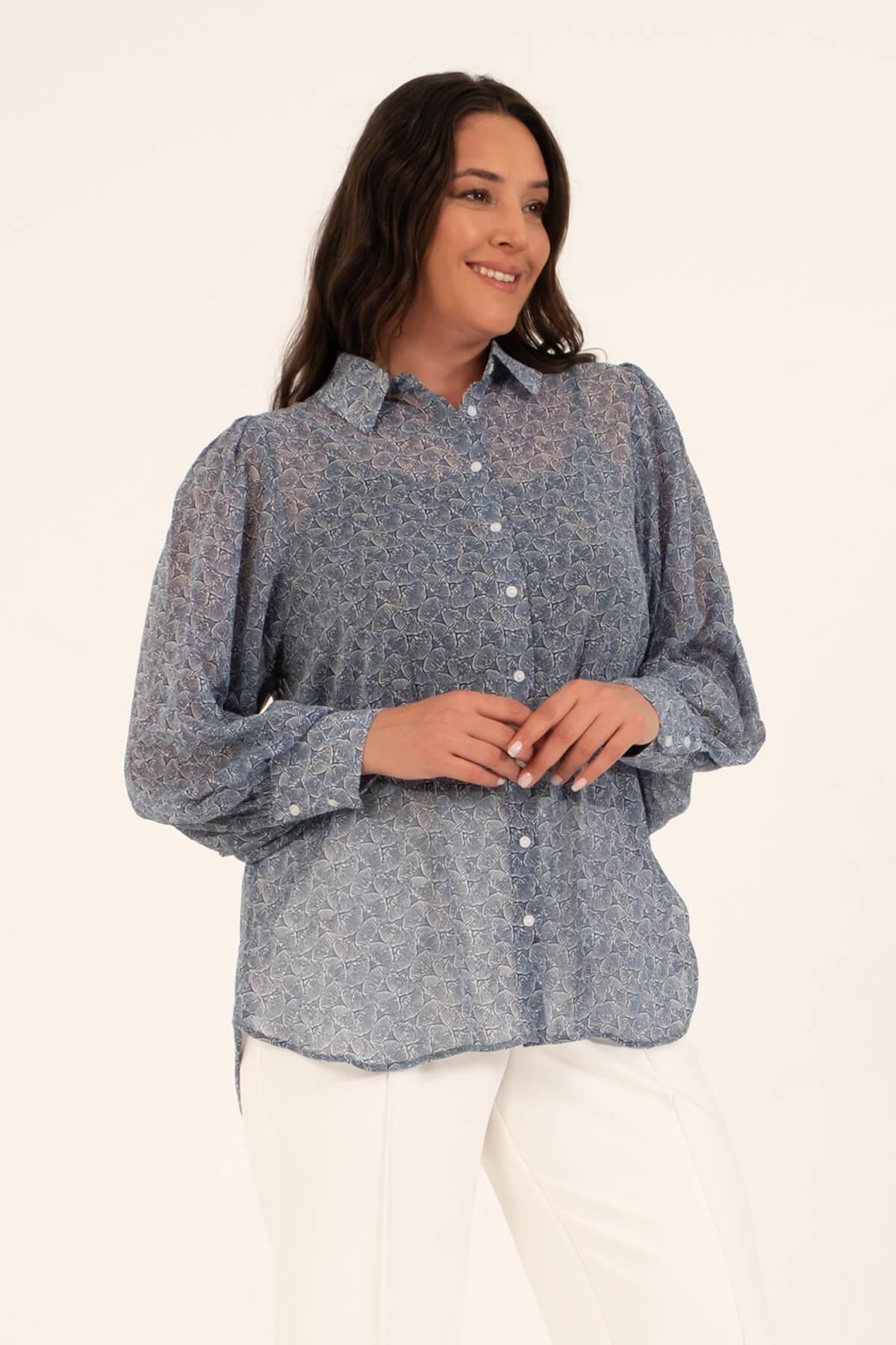 Myline-Dökümlü Şifon Gömlek-Büyük Beden Gömlek-118476