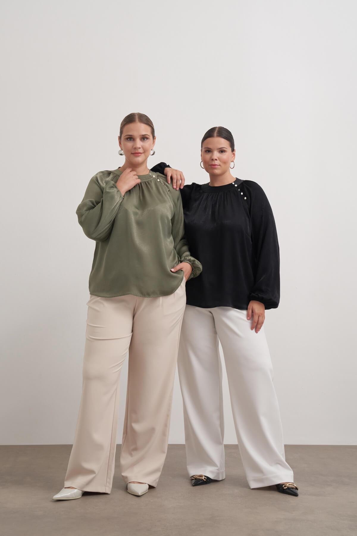 Myline-Düğme Detaylı Saten Bluz-Büyük Beden Bluz-149479