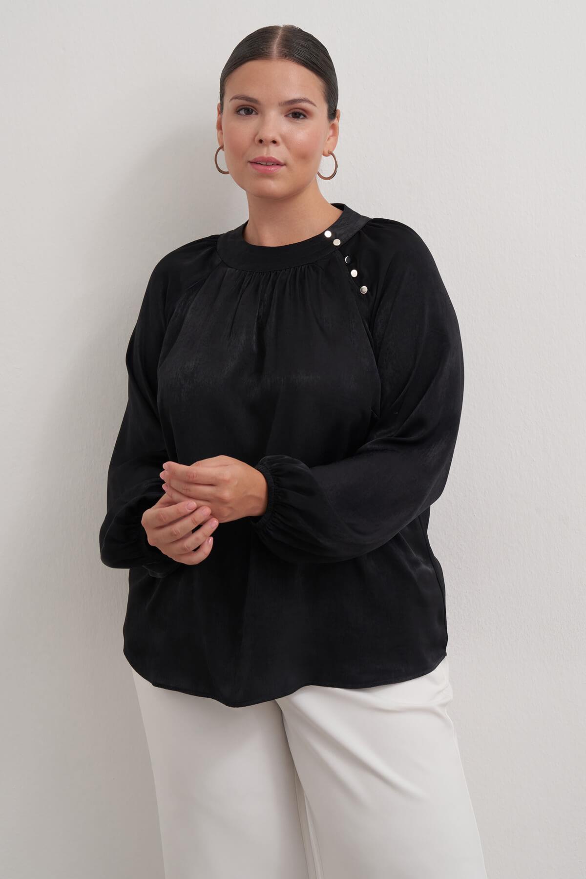 Myline-Düğme Detaylı Saten Bluz-Büyük Beden Bluz-149479