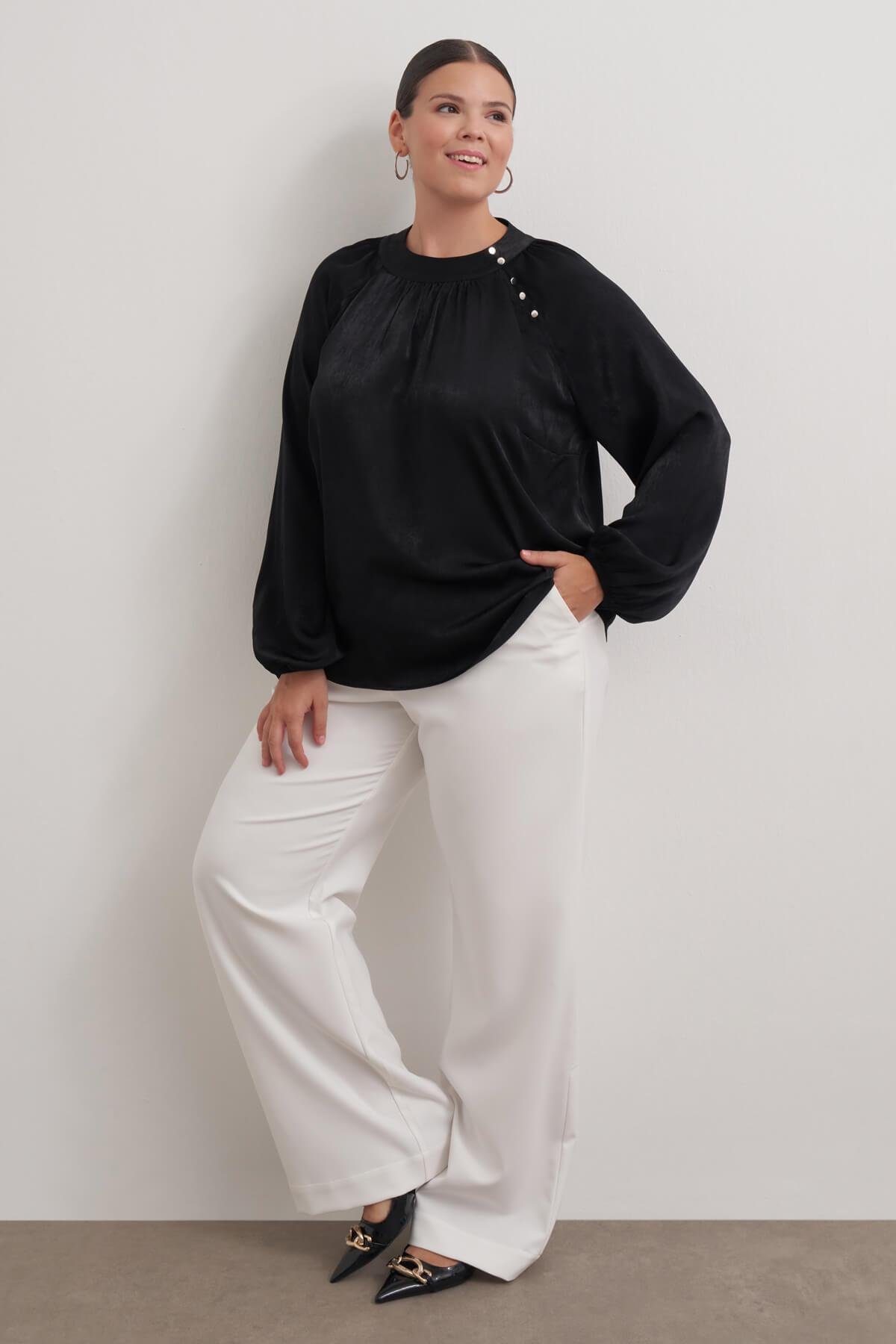 Myline-Düğme Detaylı Saten Bluz-Büyük Beden Bluz-149479