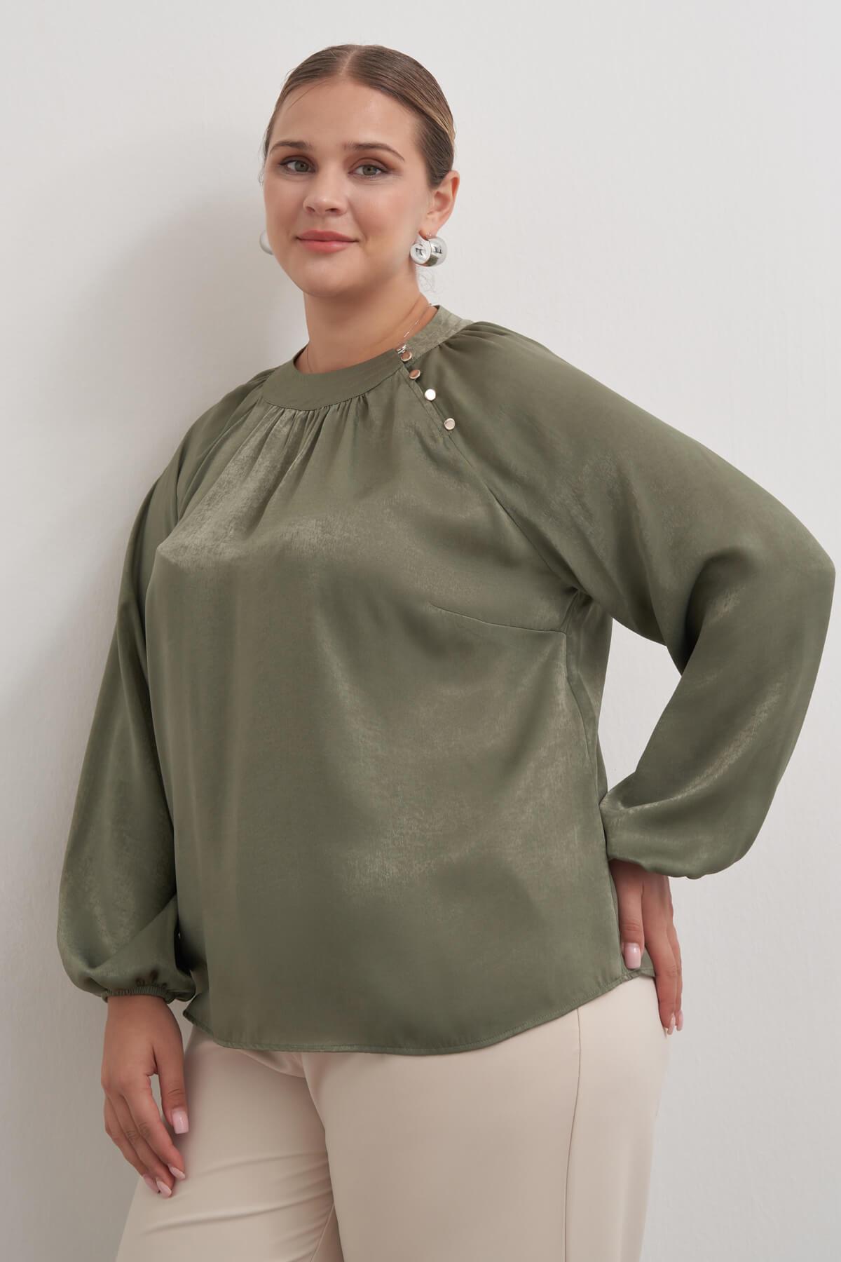 Myline-Düğme Detaylı Saten Bluz-Büyük Beden Bluz-149480