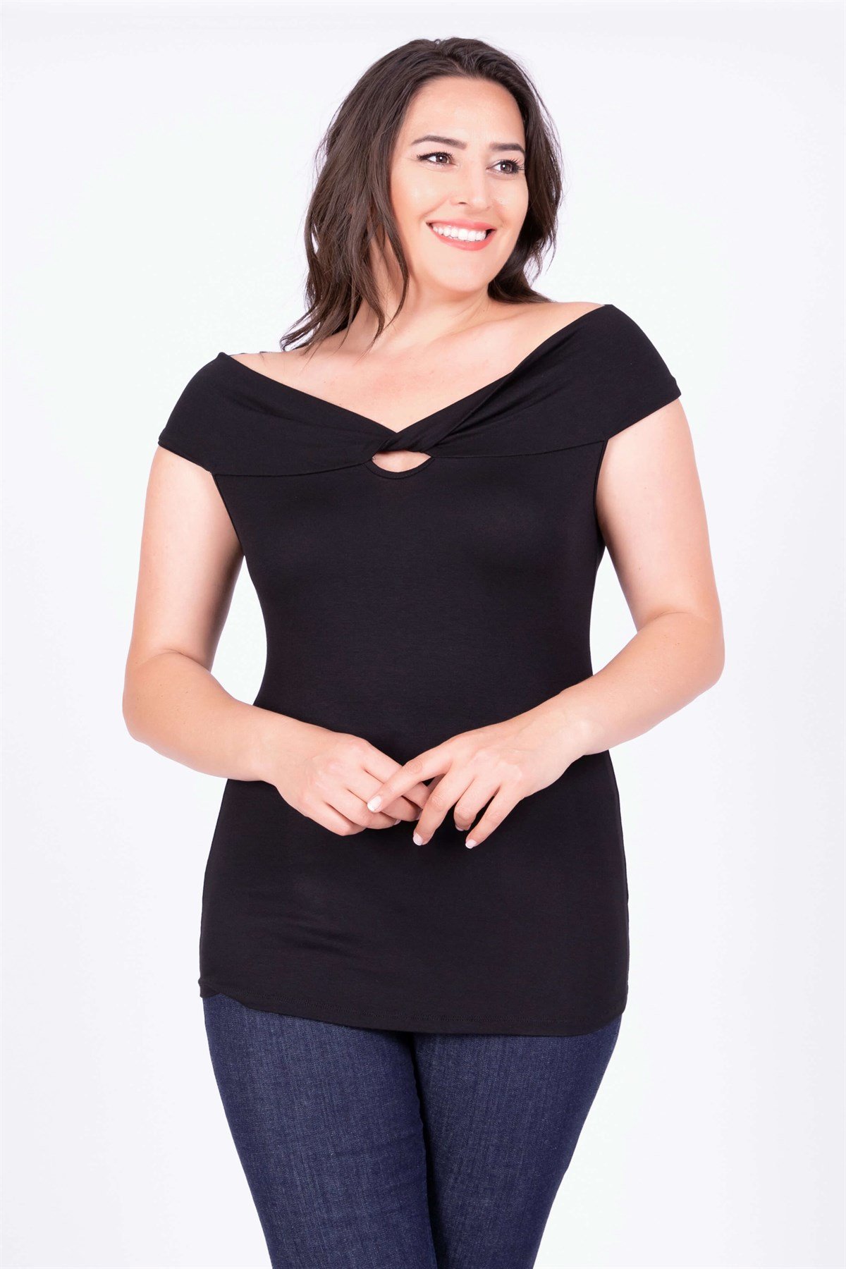 Myline-Düğümlü Karmen Yaka Bluz-Büyük Beden Bluz-34661