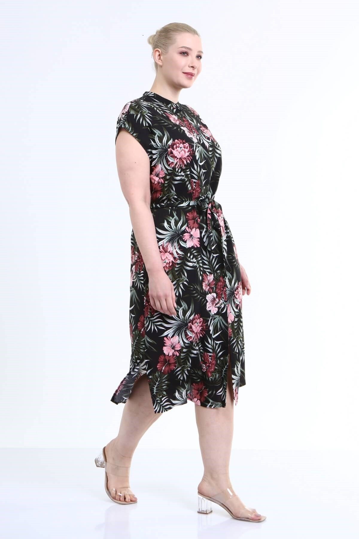 Myline-Düşük Kol Gömlek Elbise-Büyük Beden Günlük Elbiseler-45991